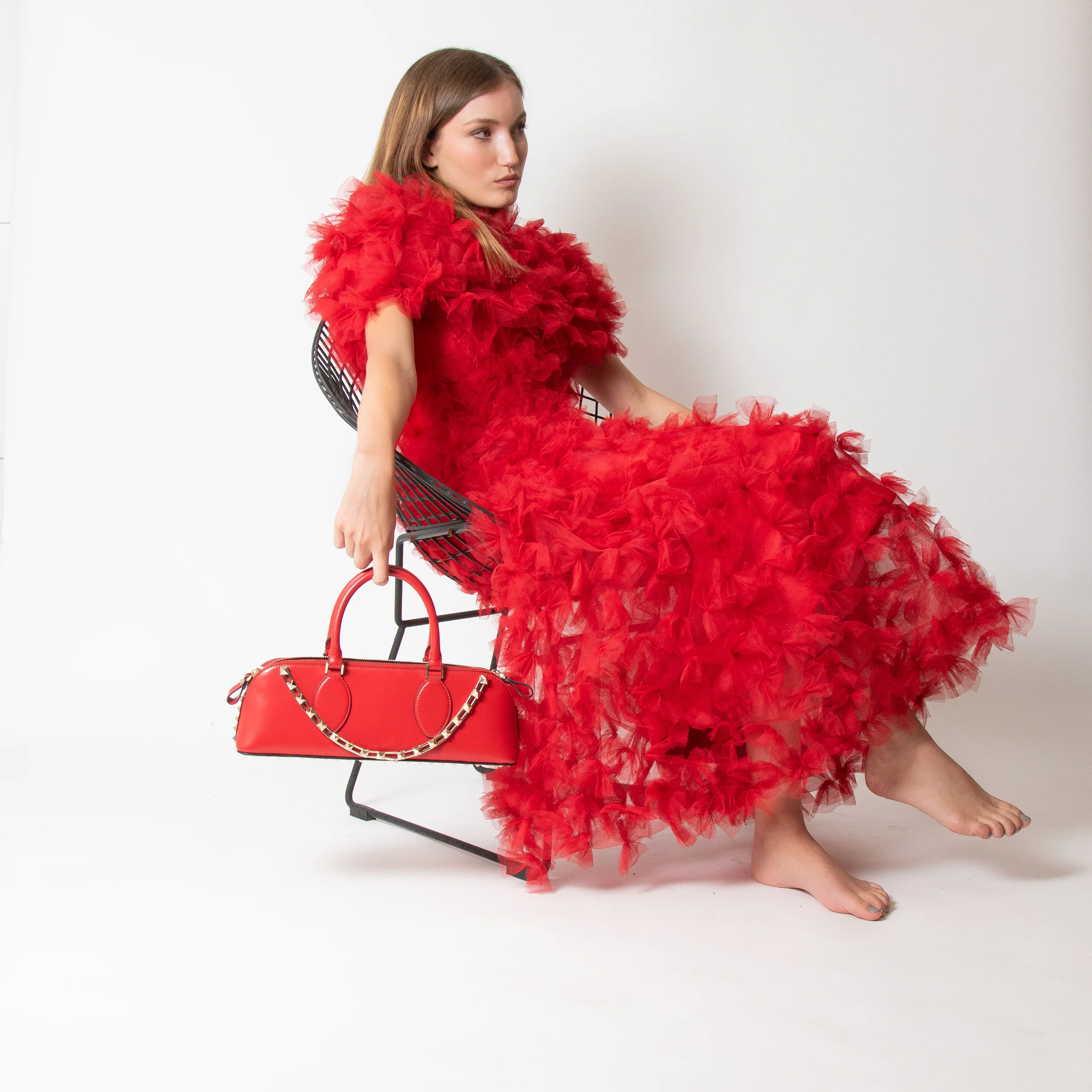 Rodarte Red Tulle Hand-Embroidered Bows Off Shoulder Gown - Image 13