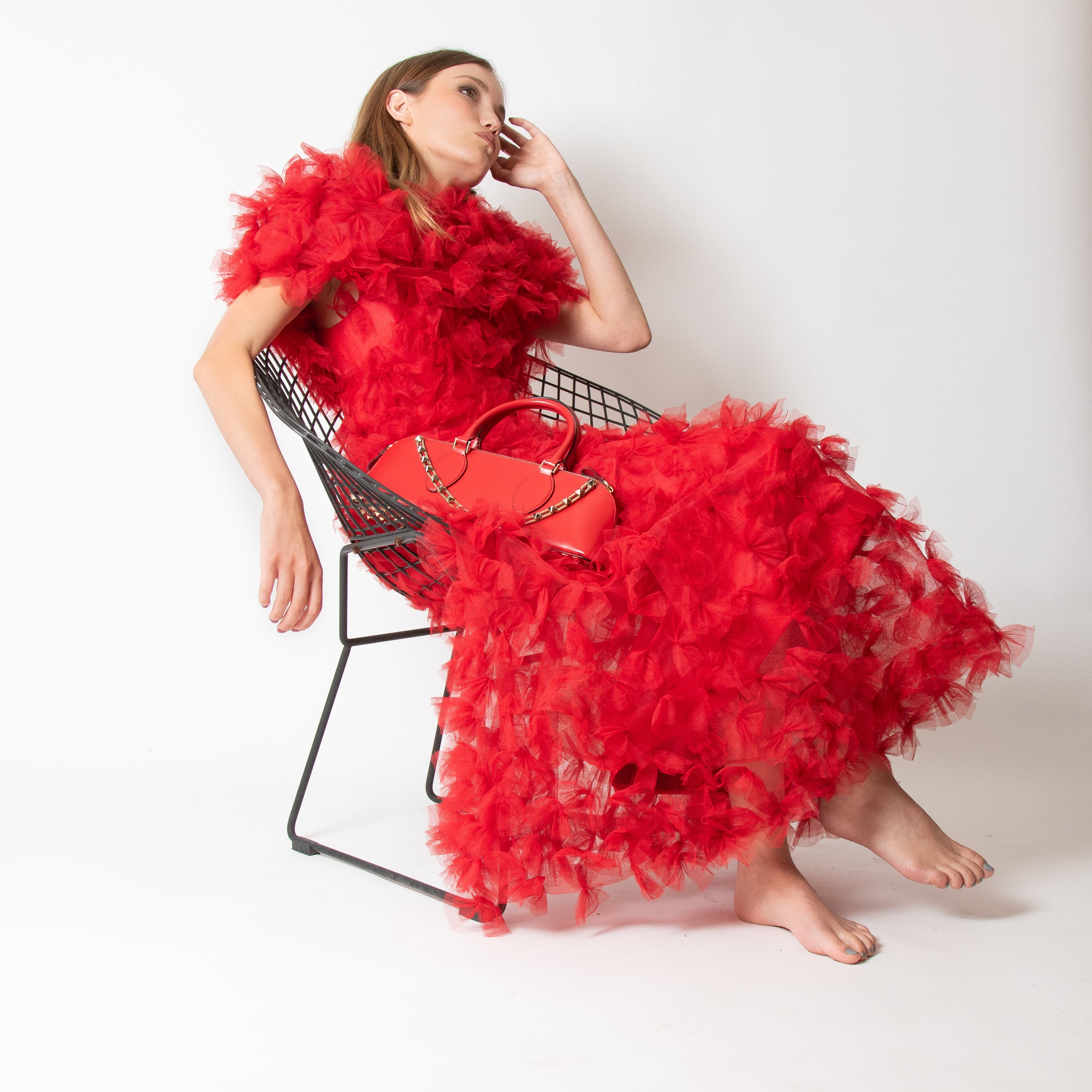 Rodarte Red Tulle Hand-Embroidered Bows Off Shoulder Gown - Image 3