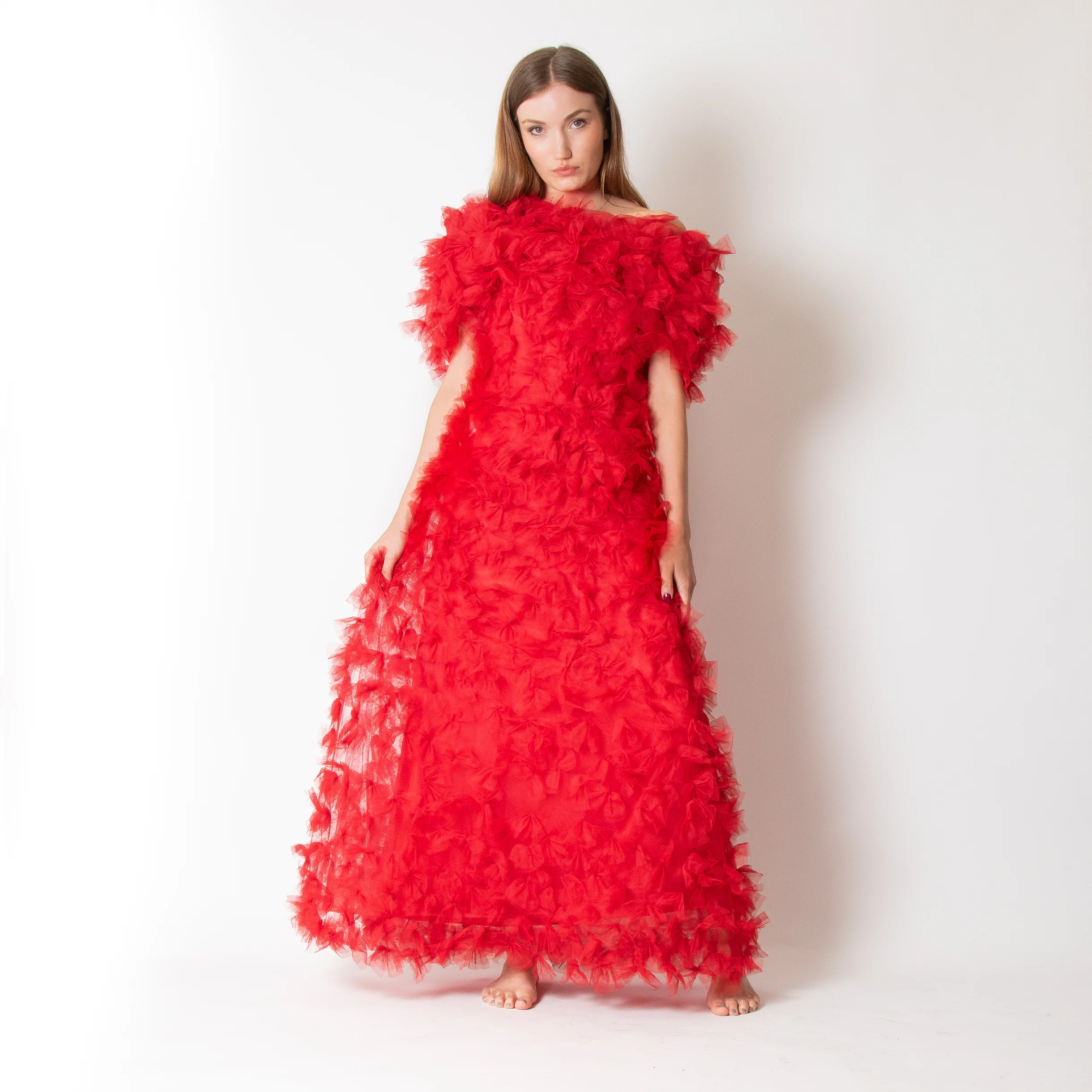 Rodarte Red Tulle Hand-Embroidered Bows Off Shoulder Gown - Image 4