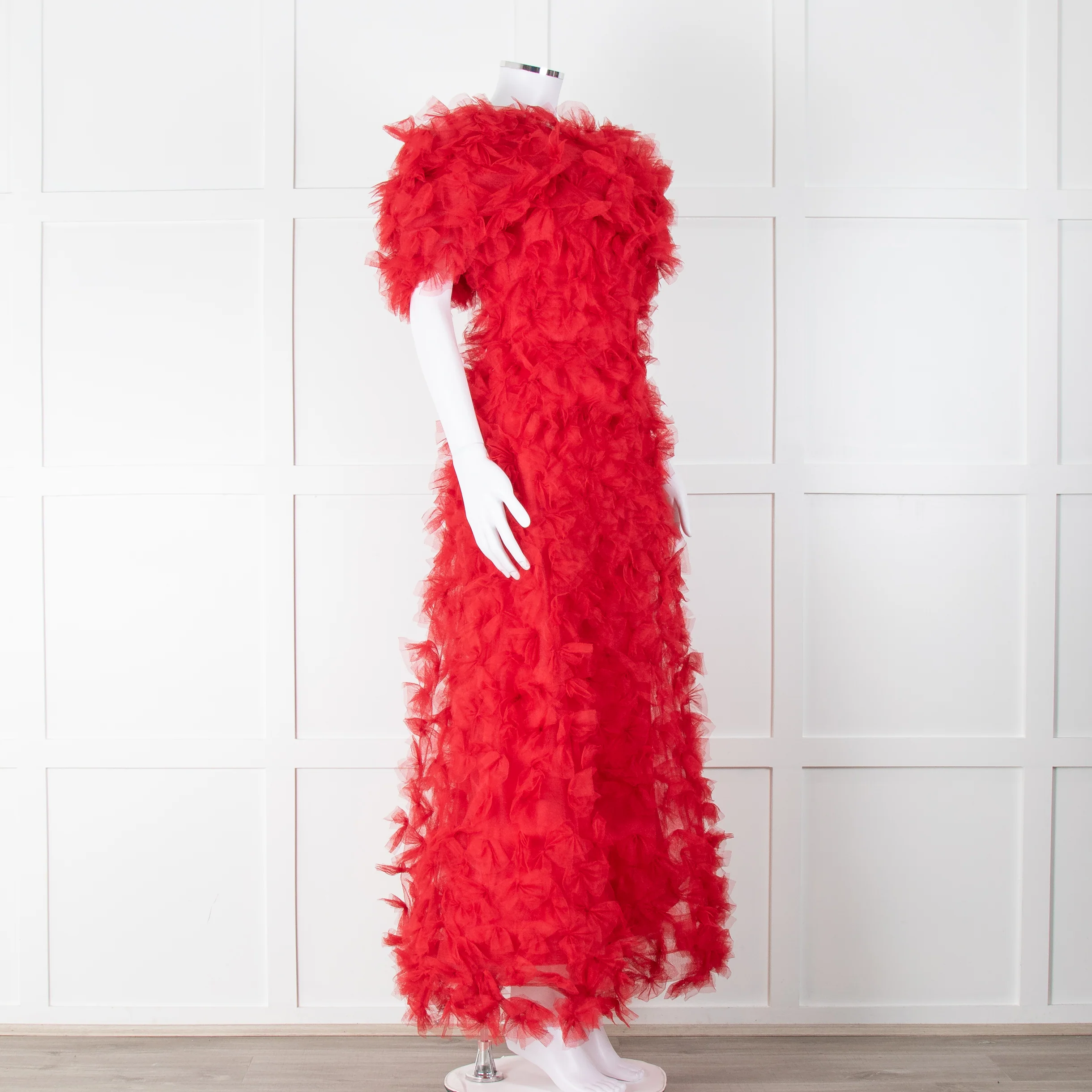 Rodarte Red Tulle Hand-Embroidered Bows Off Shoulder Gown - Image 5