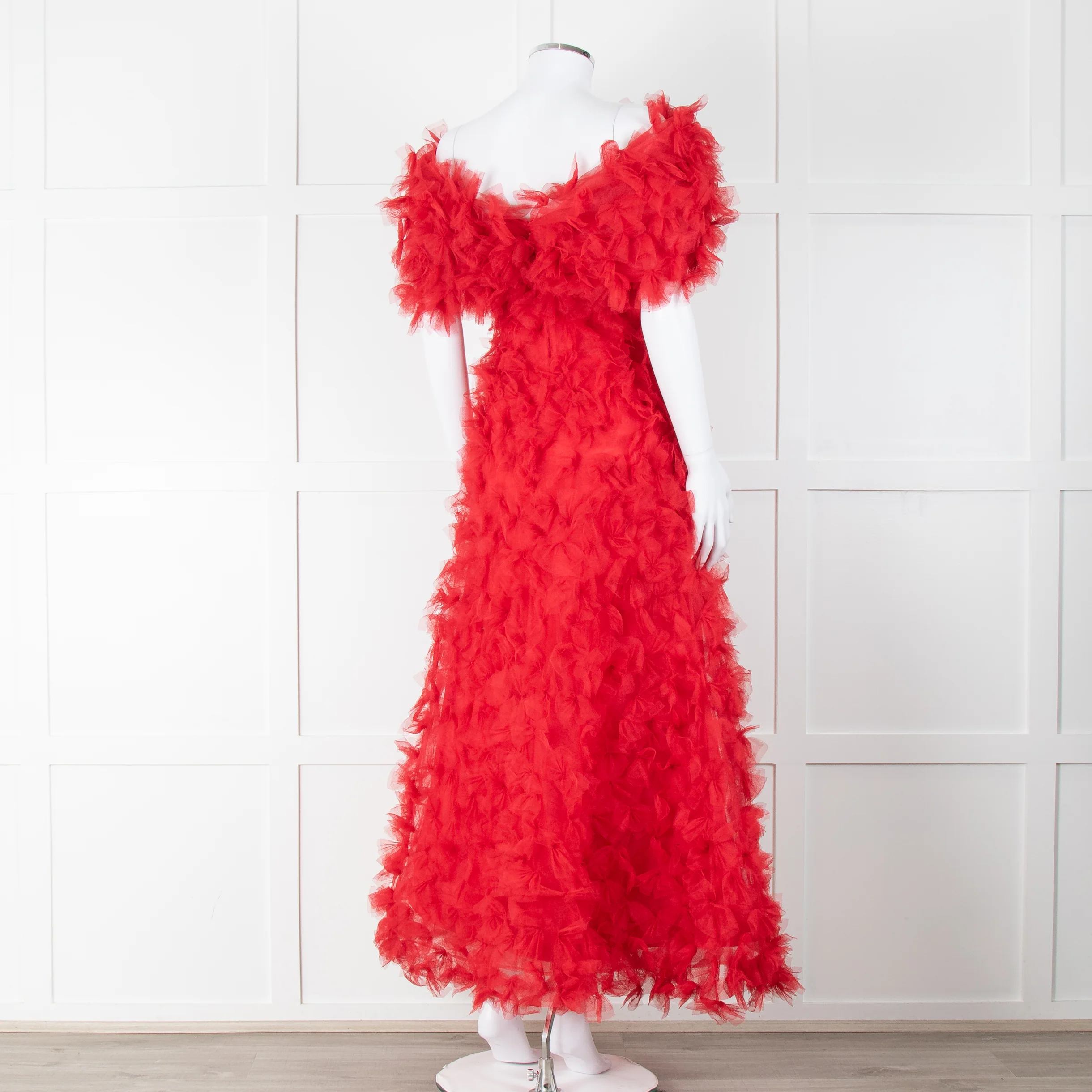 Rodarte Red Tulle Hand-Embroidered Bows Off Shoulder Gown - Image 7