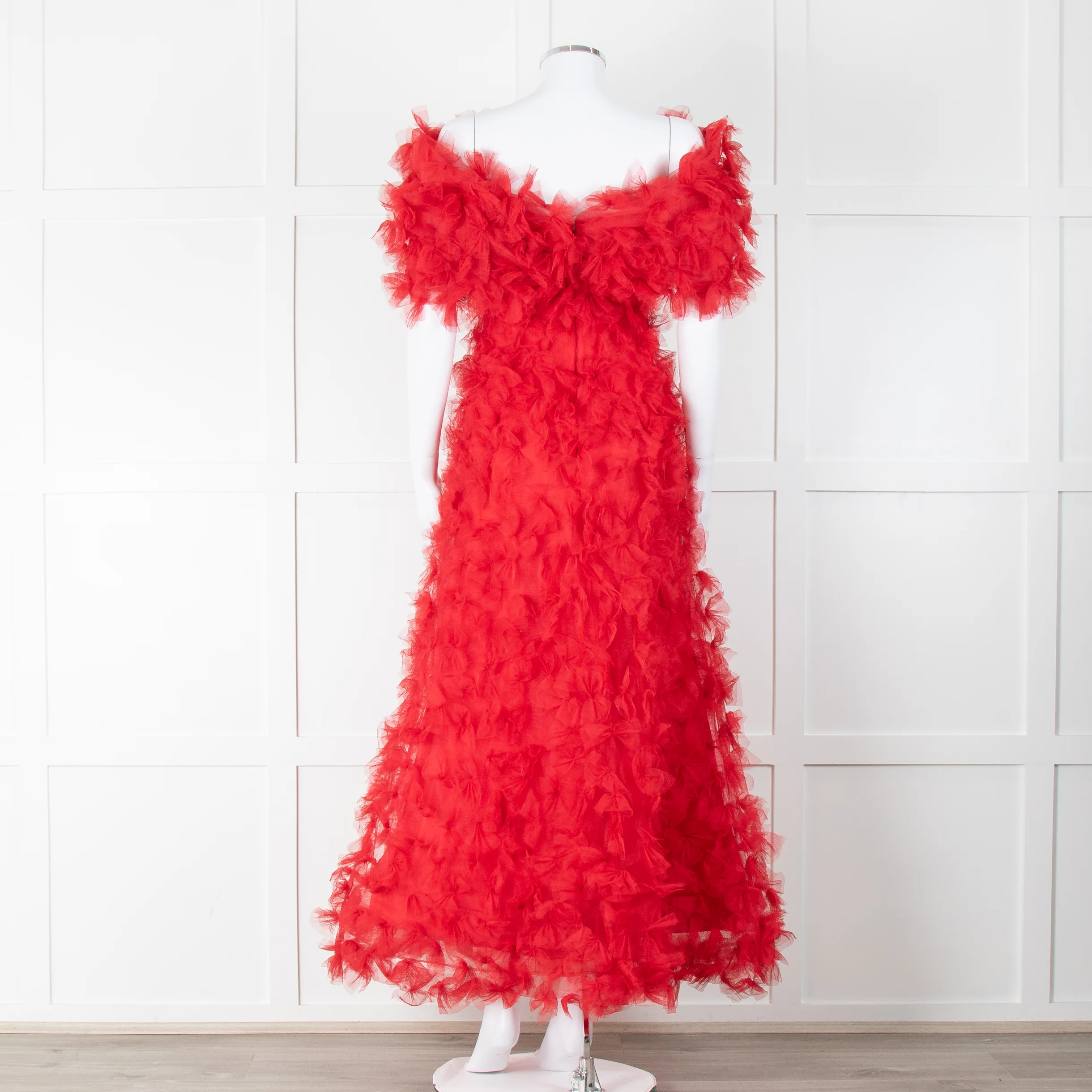 Rodarte Red Tulle Hand-Embroidered Bows Off Shoulder Gown - Image 8