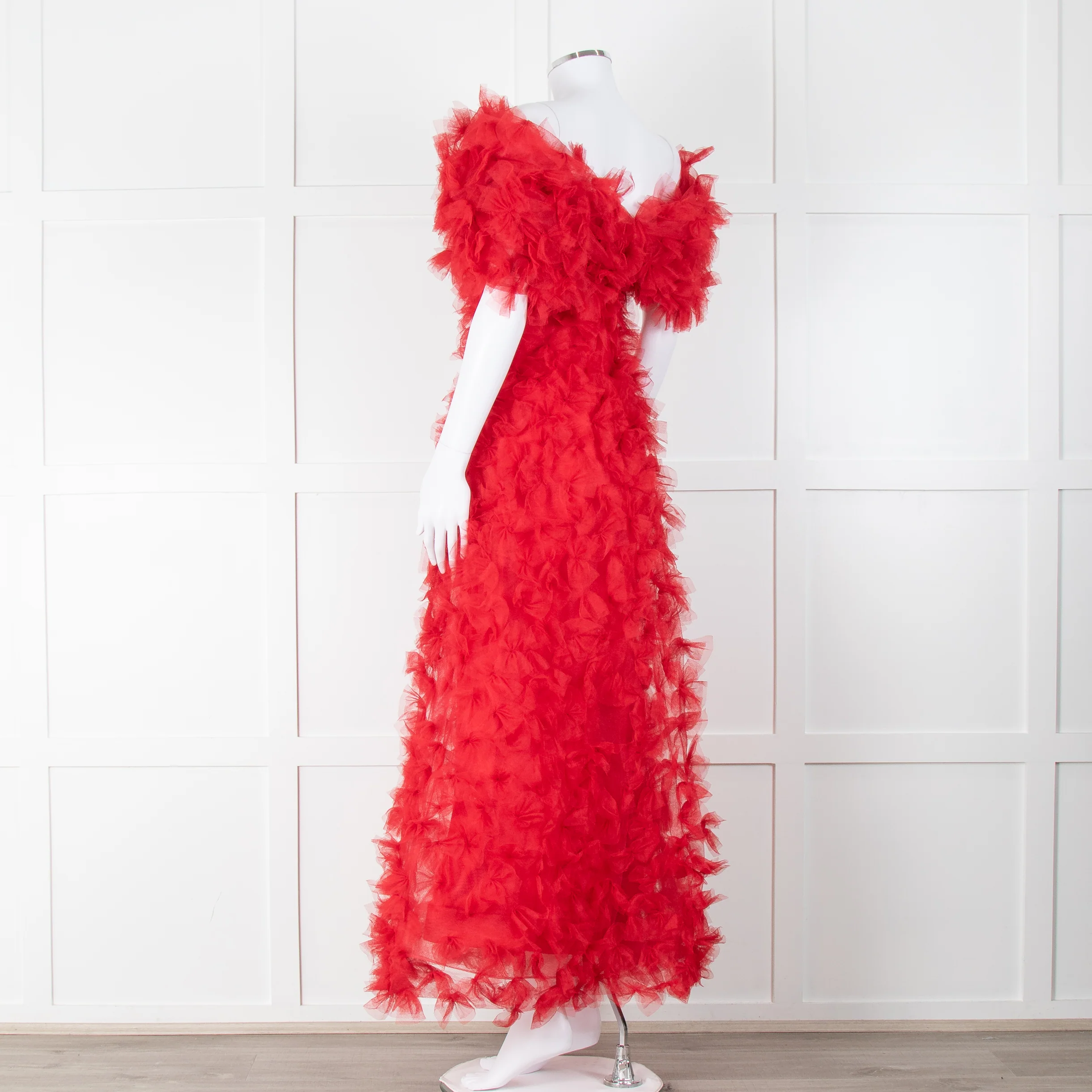 Rodarte Red Tulle Hand-Embroidered Bows Off Shoulder Gown - Image 9