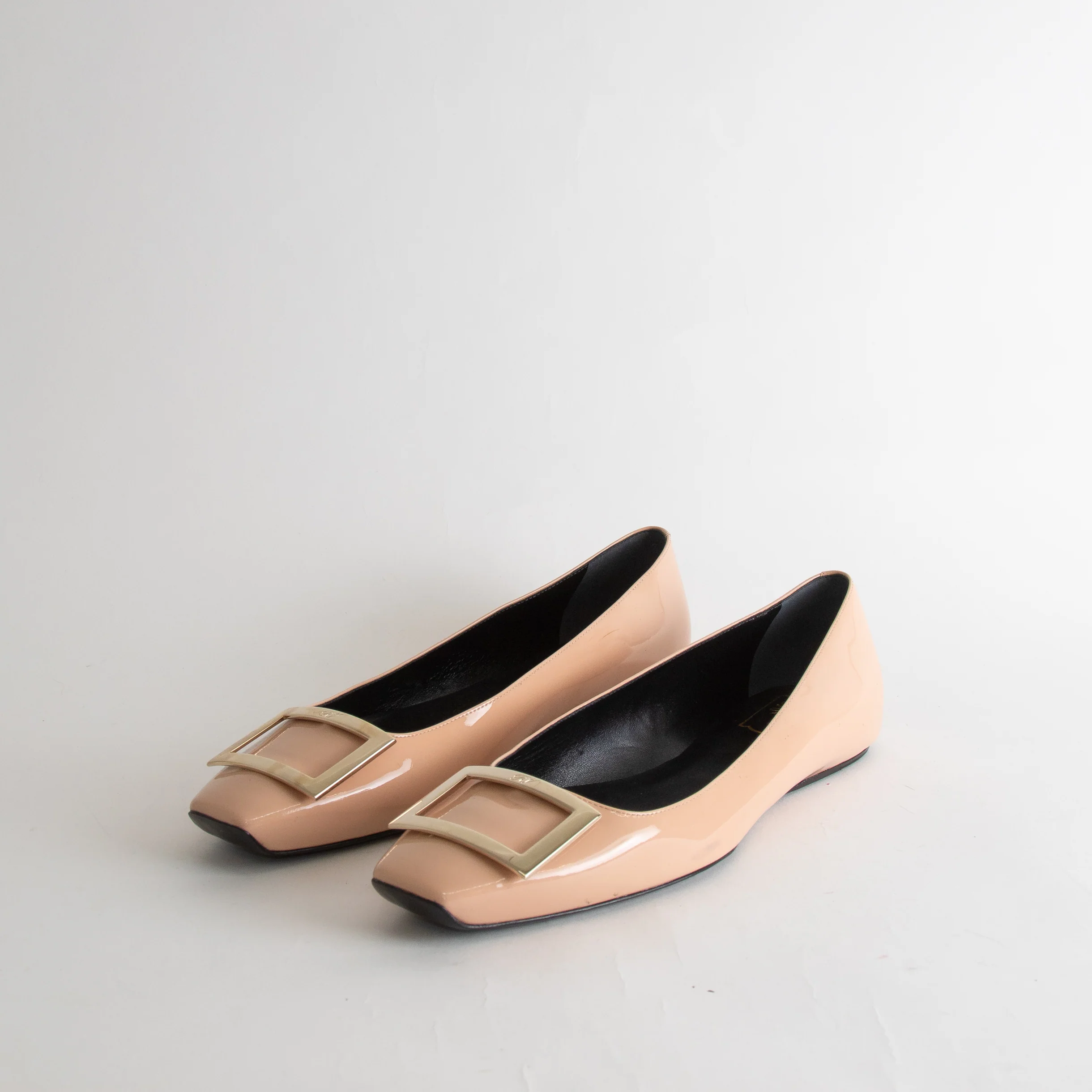 Roger Vivier Nude Patent Square Toe Buckle Detail Flats