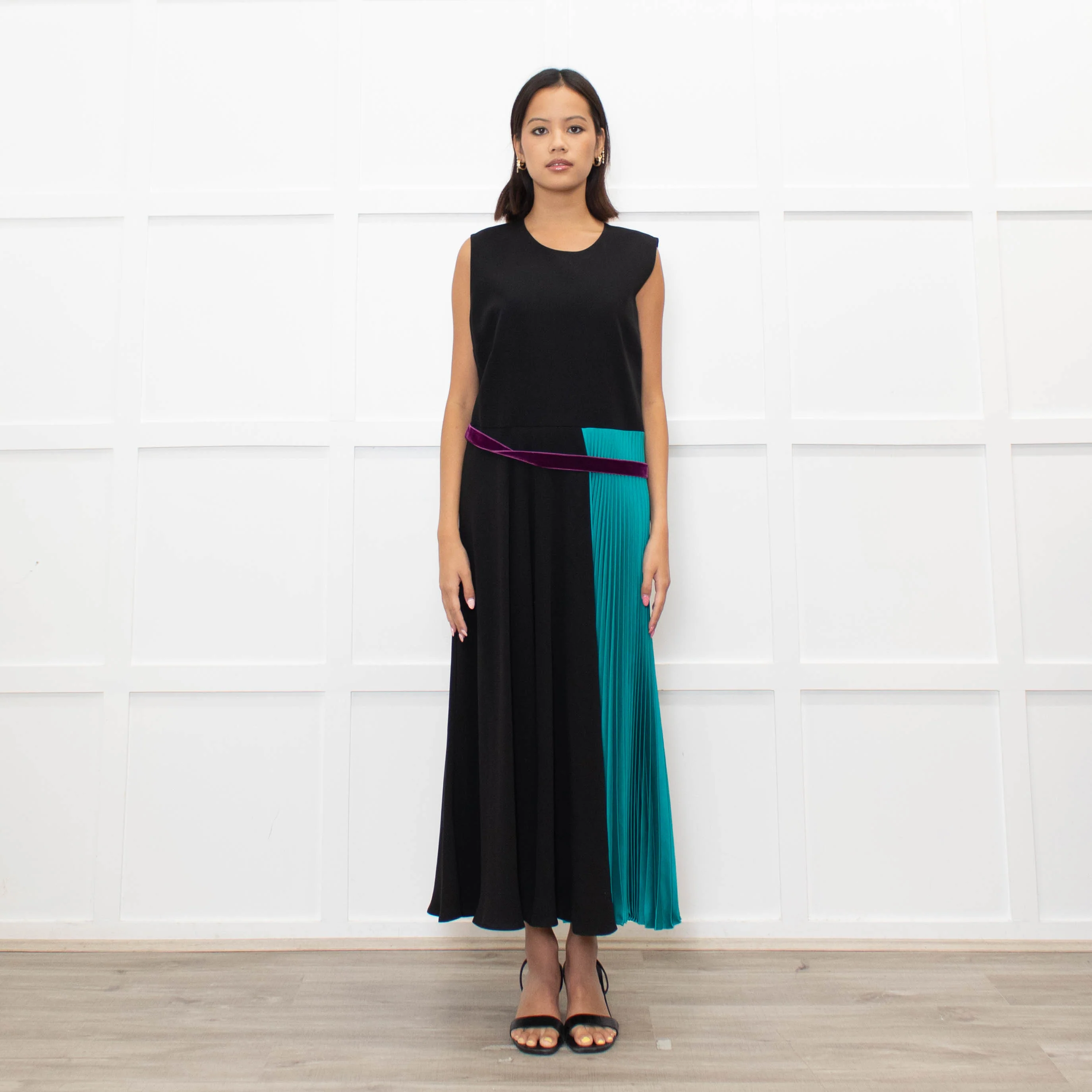 Roksanda Black Turquoise Pleat Purple Ribbon Detail Dress