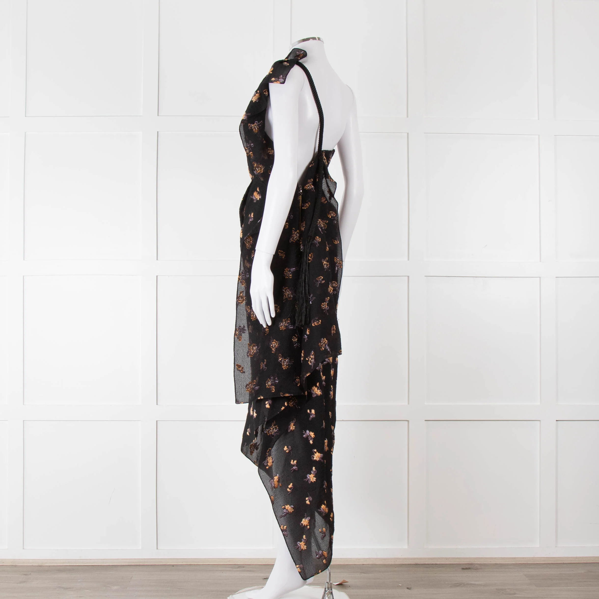 Roland Mouret Black Crinkle Floral One Shoulder Dress - Image 6