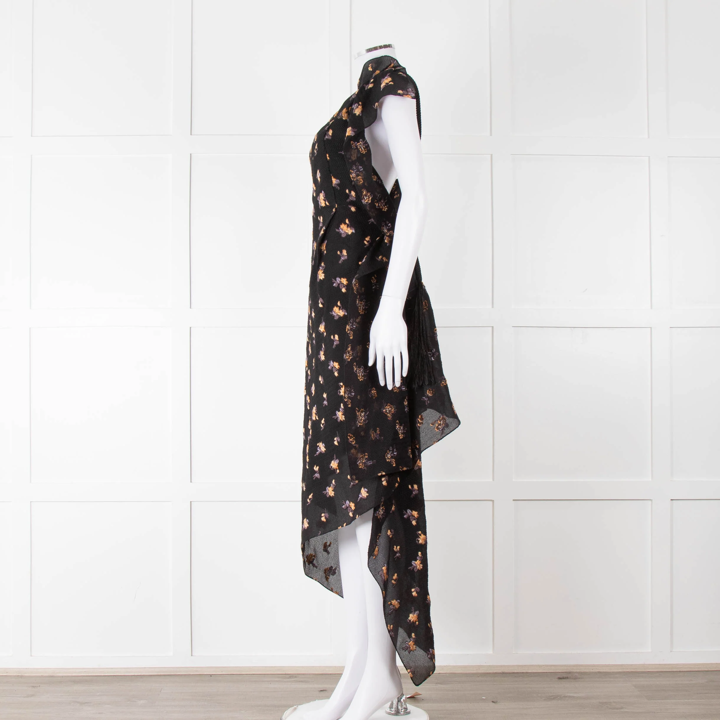 Roland Mouret Black Crinkle Floral One Shoulder Dress - Image 7
