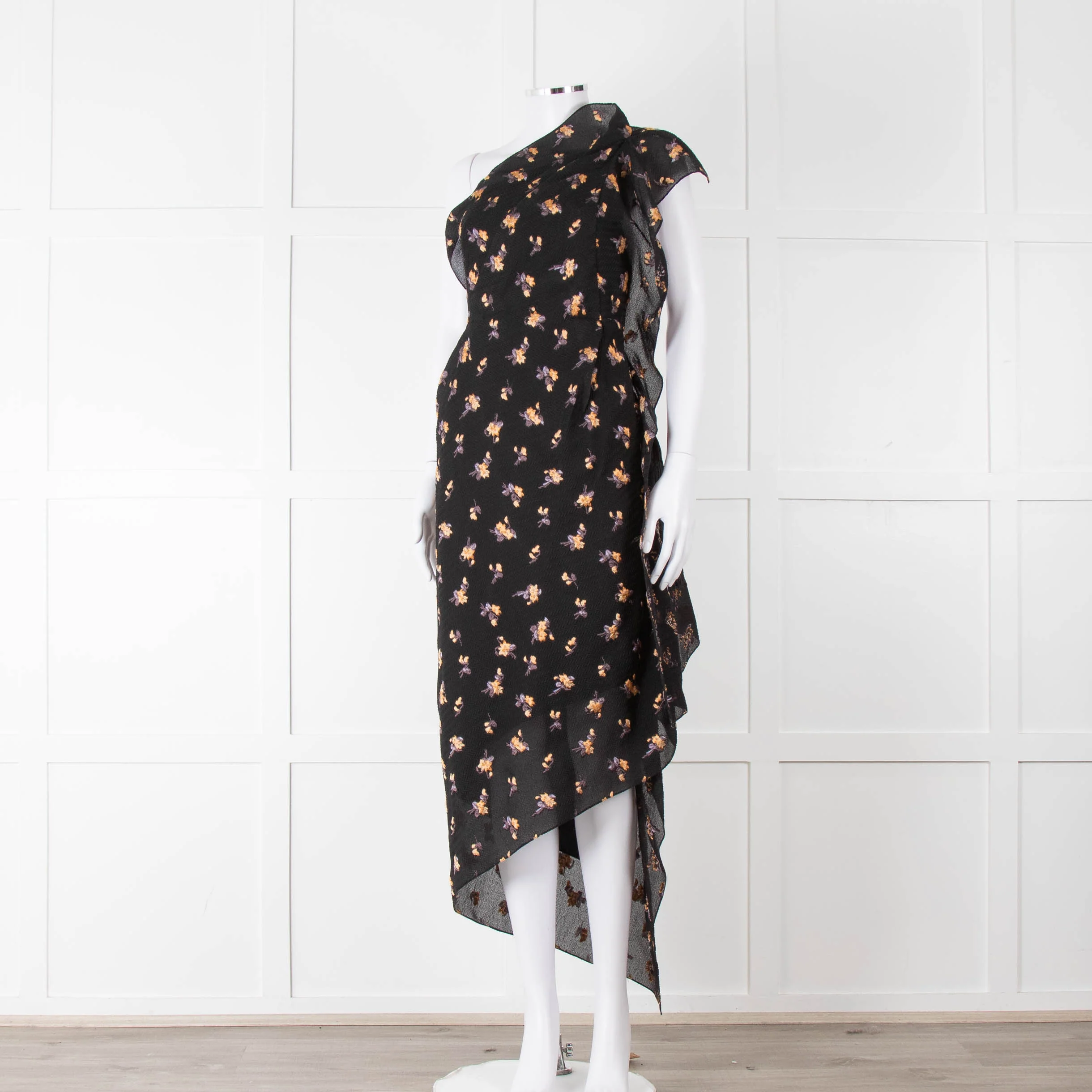Roland Mouret Black Crinkle Floral One Shoulder Dress - Image 8