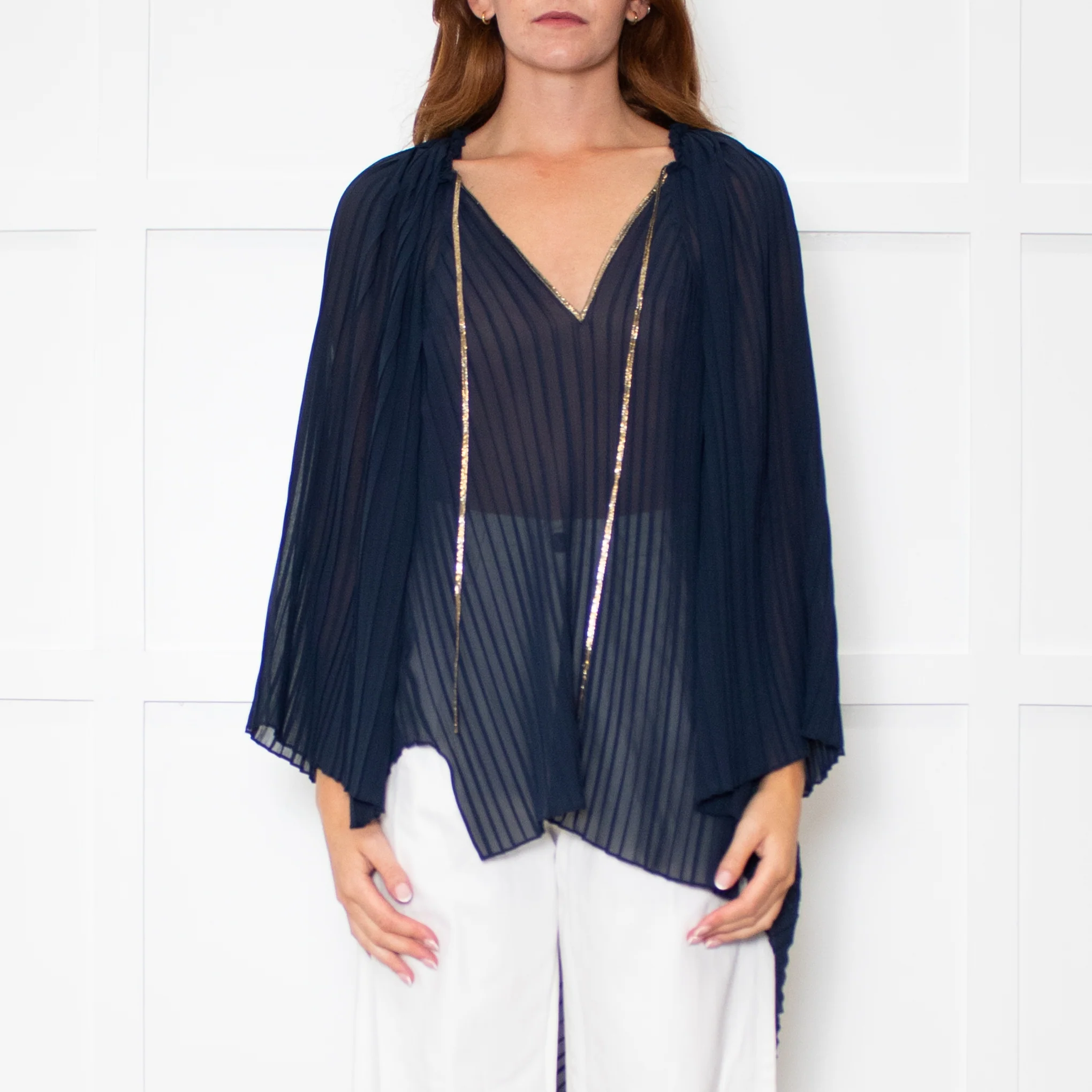 Roland Mouret Blue Pleat Kemper Top With Gold Neck Tie - Image 2