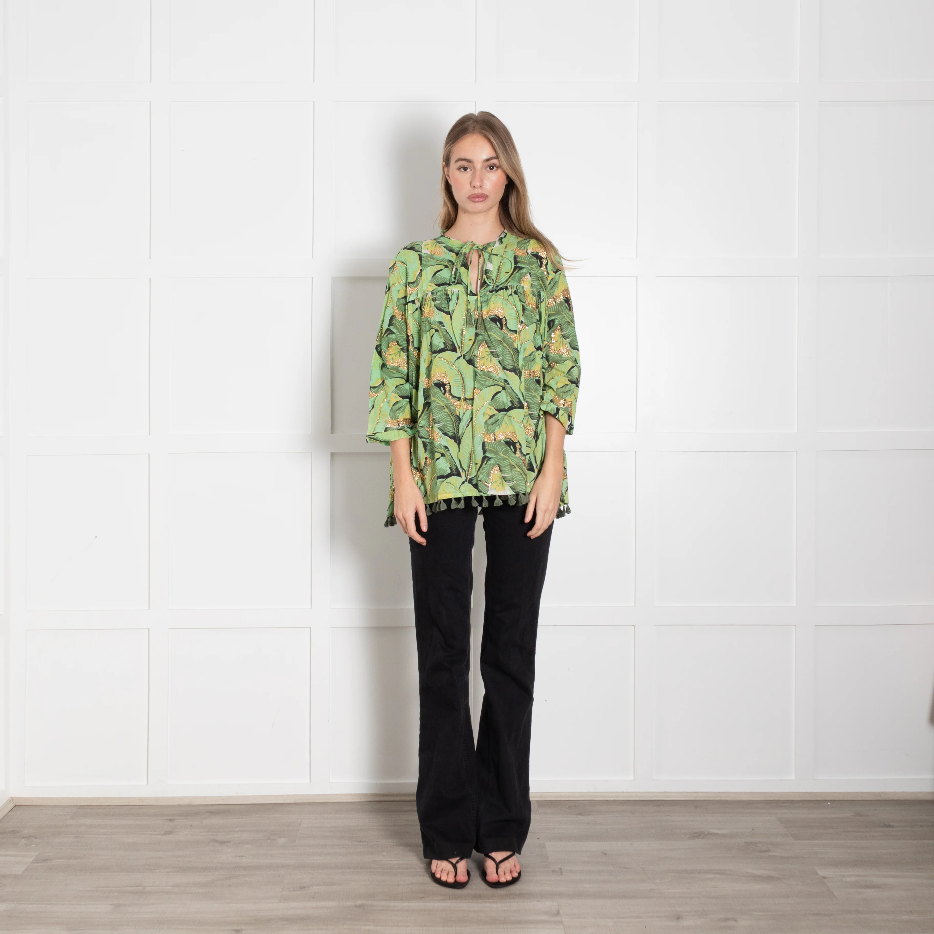 Rose & Rose Green Cotton Leaf Print Top with Gold Embellisment