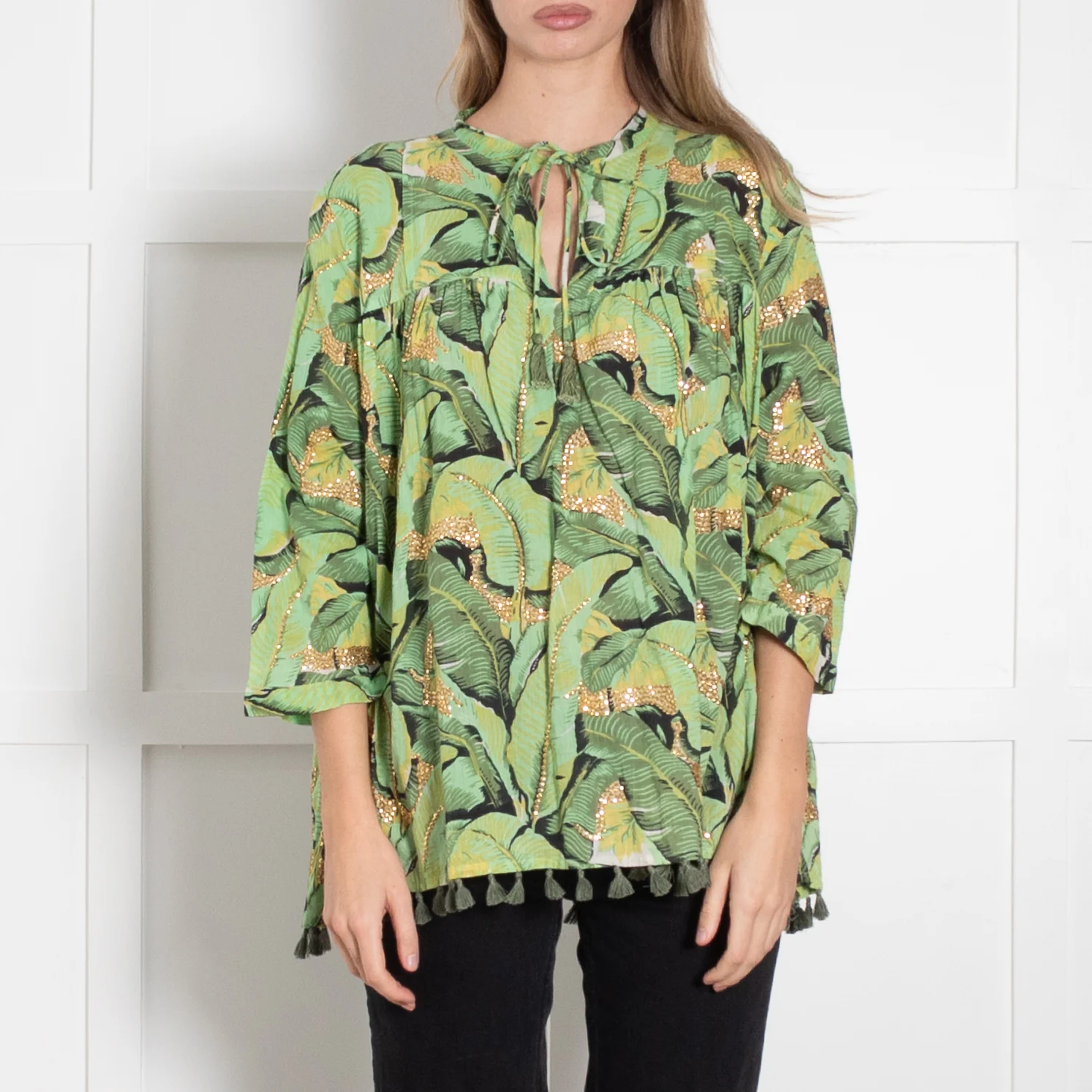 Rose & Rose Green Cotton Leaf Print Top with Gold Embellisment - Image 2