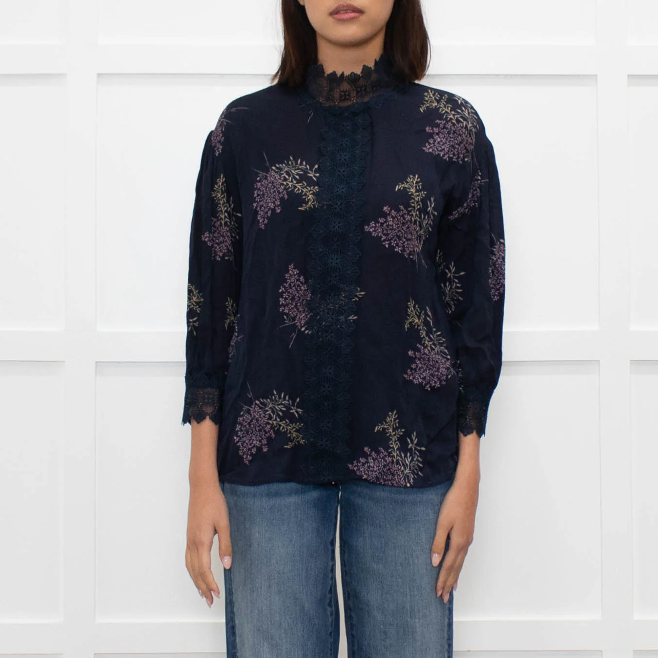 Rosemunde Blue Patterned High Neck Blouse with Lace Trim - Image 2