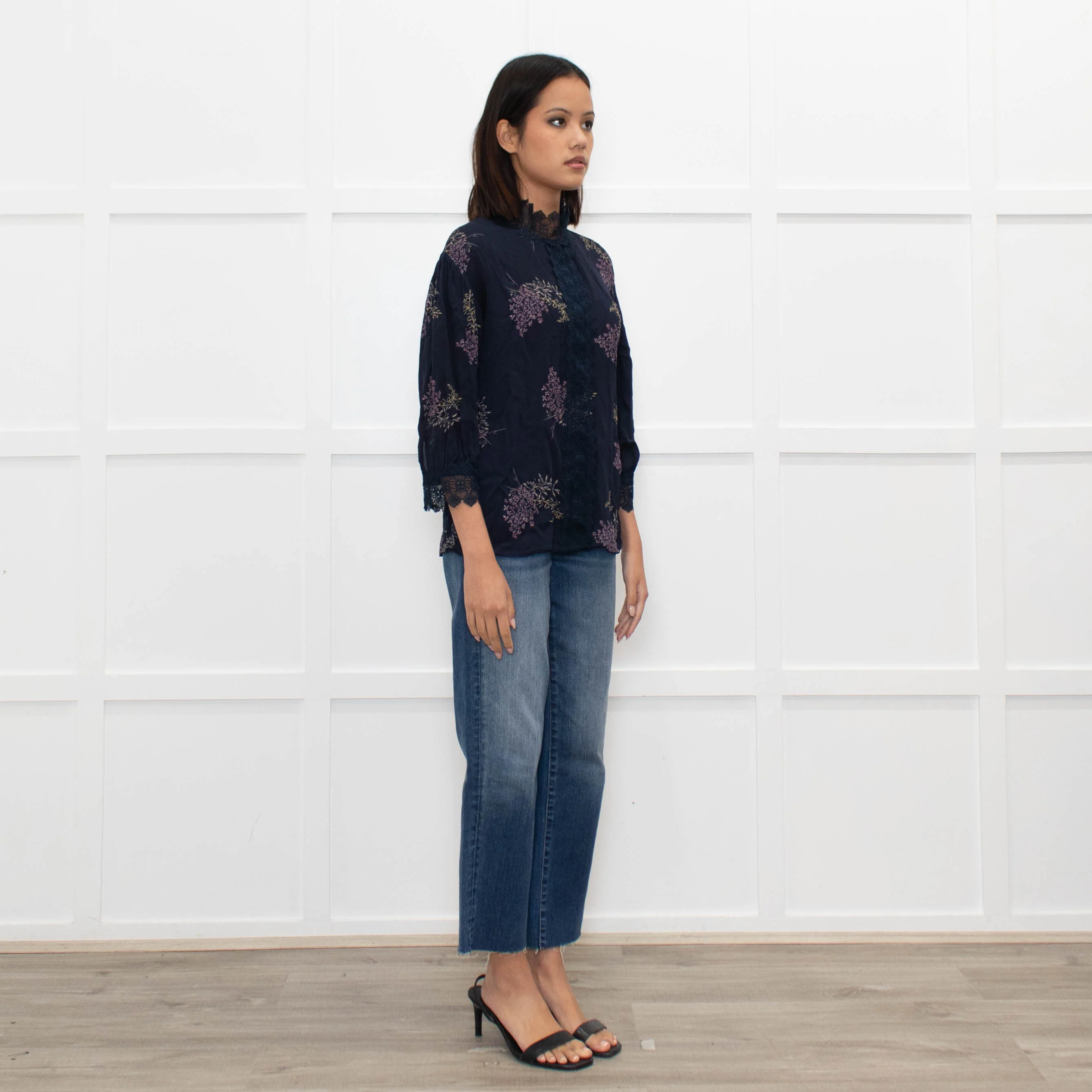 Rosemunde Blue Patterned High Neck Blouse with Lace Trim - Image 3