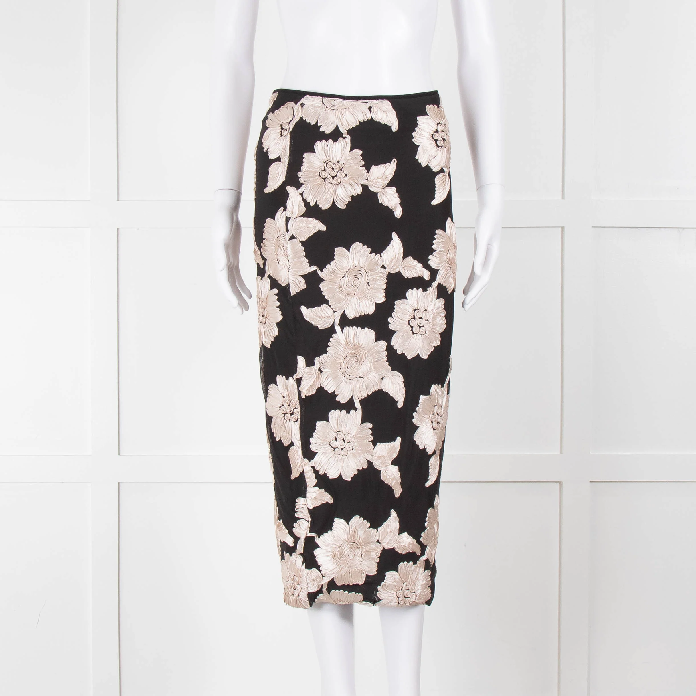Rotate Birger Christensen Black With Cream Applique Flowers Stretch Skirt