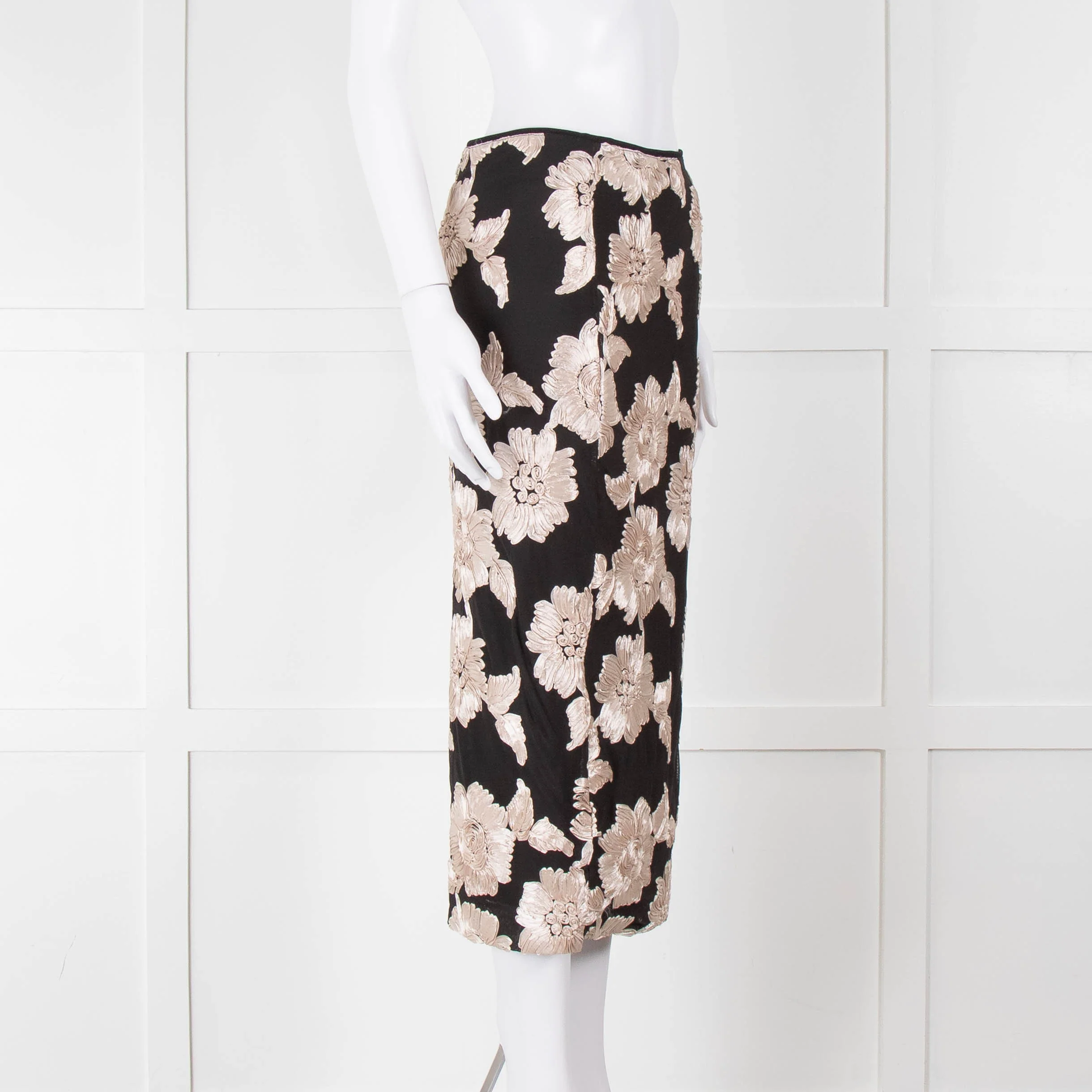 Rotate Birger Christensen Black With Cream Applique Flowers Stretch Skirt - Image 2