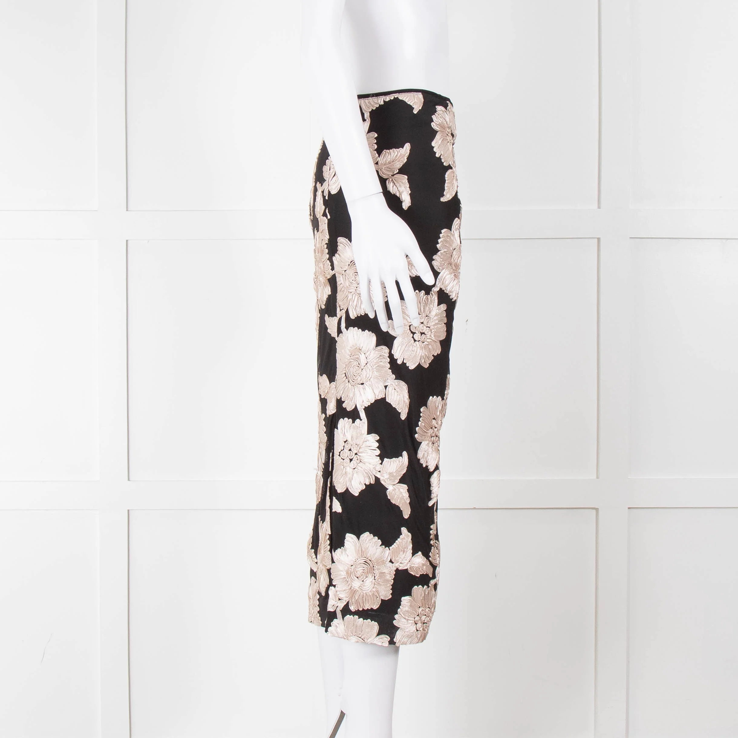 Rotate Birger Christensen Black With Cream Applique Flowers Stretch Skirt - Image 3