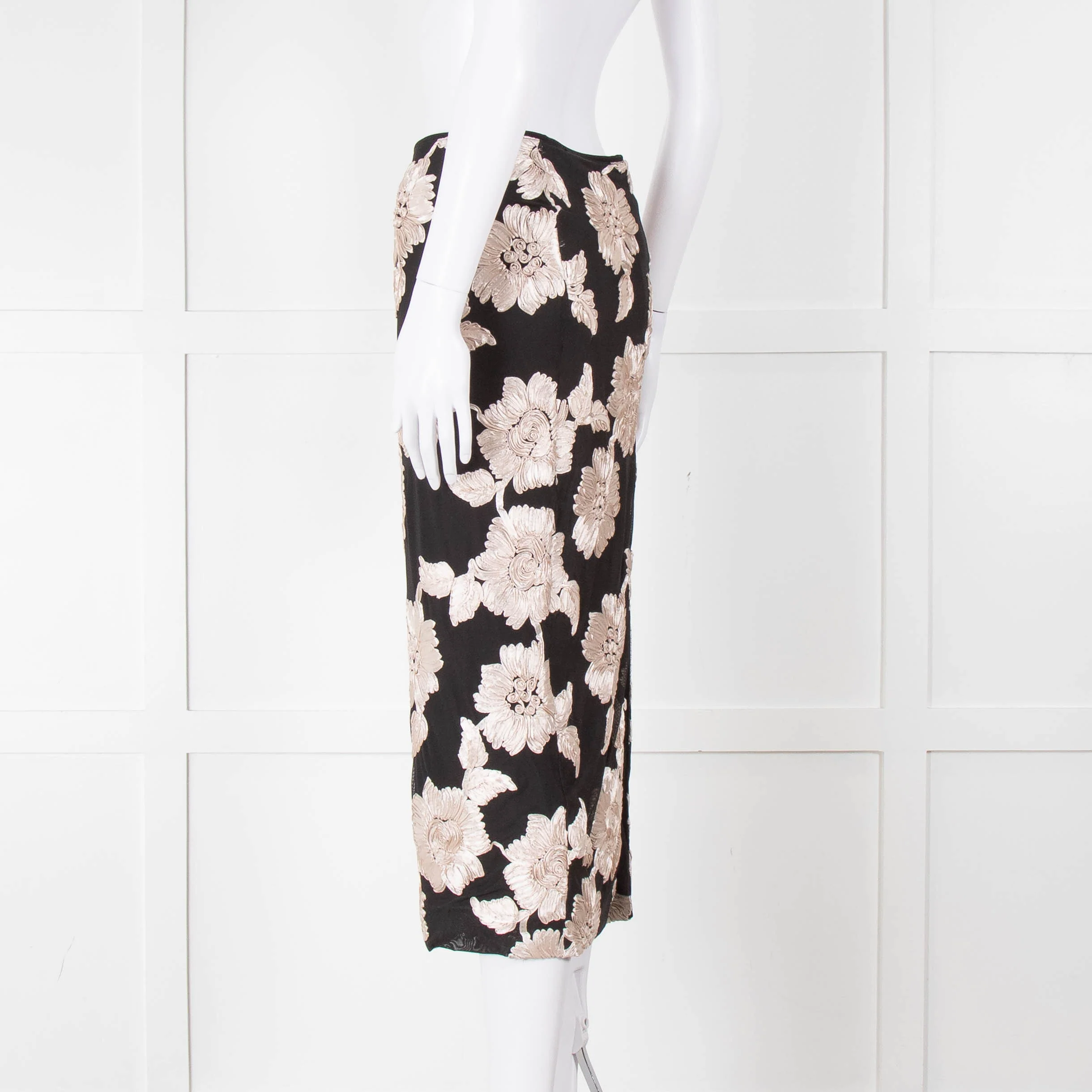 Rotate Birger Christensen Black With Cream Applique Flowers Stretch Skirt - Image 6