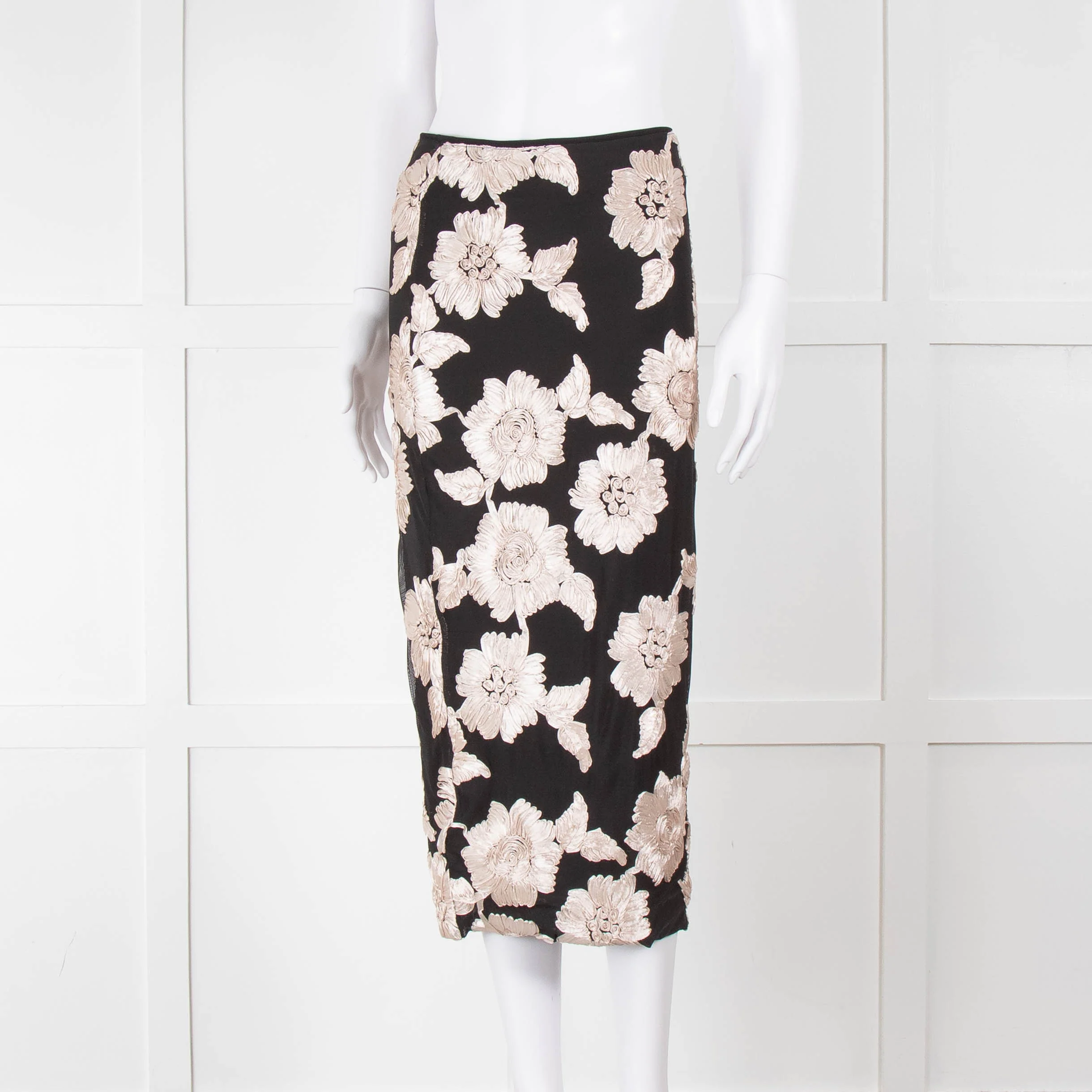 Rotate Birger Christensen Black With Cream Applique Flowers Stretch Skirt - Image 8