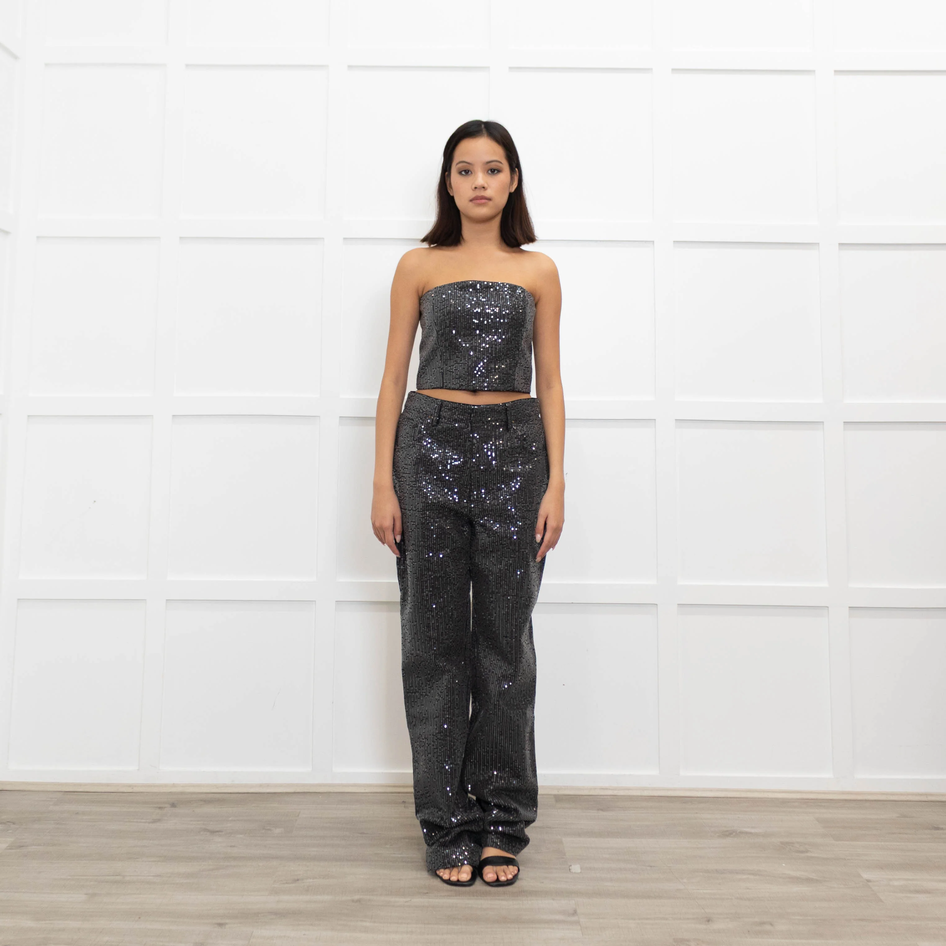 Rotate Birger Christensen Dark Grey Sequin Crop Bandeau Top
