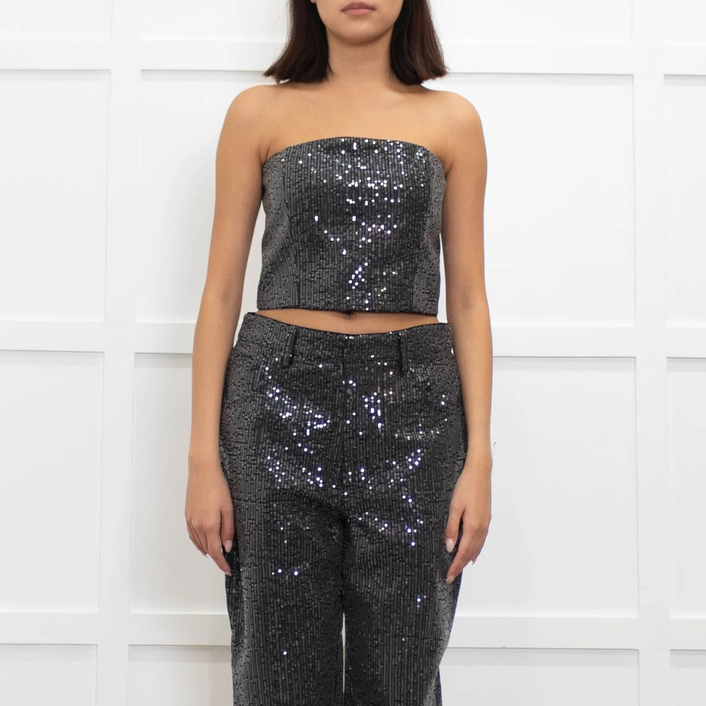Rotate Birger Christensen Dark Grey Sequin Crop Bandeau Top - Image 2