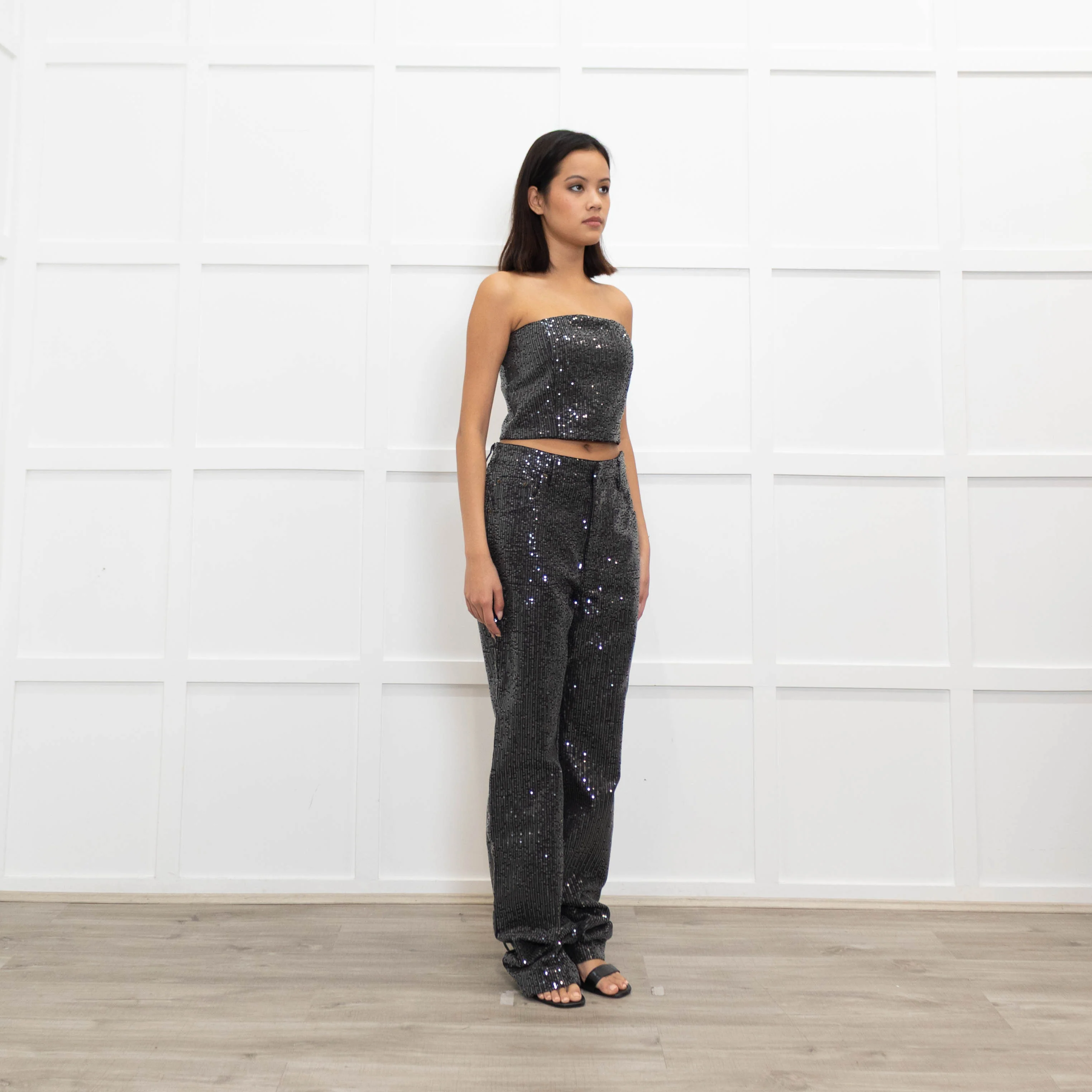 Rotate Birger Christensen Dark Grey Sequin Crop Bandeau Top - Image 3