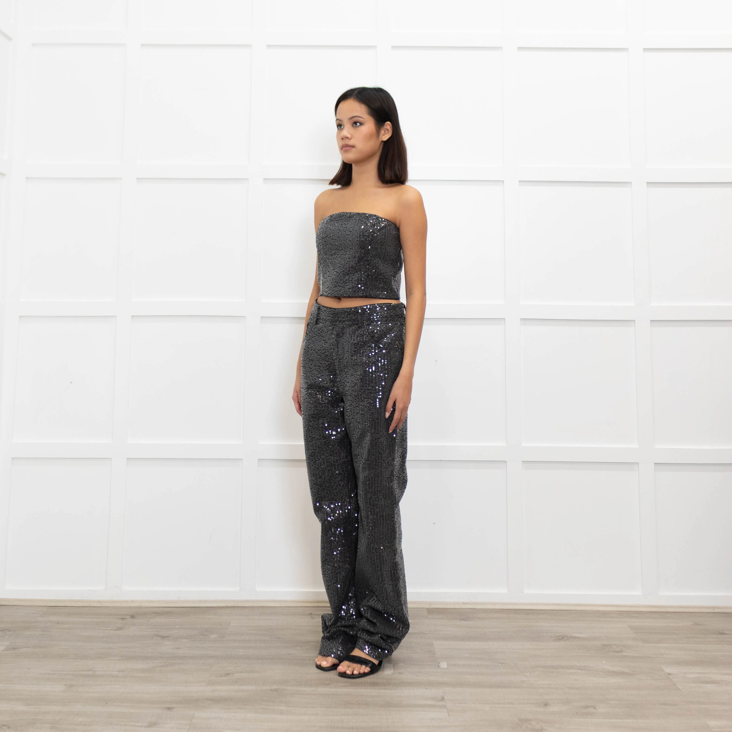 Rotate Birger Christensen Dark Grey Sequin Crop Bandeau Top - Image 4