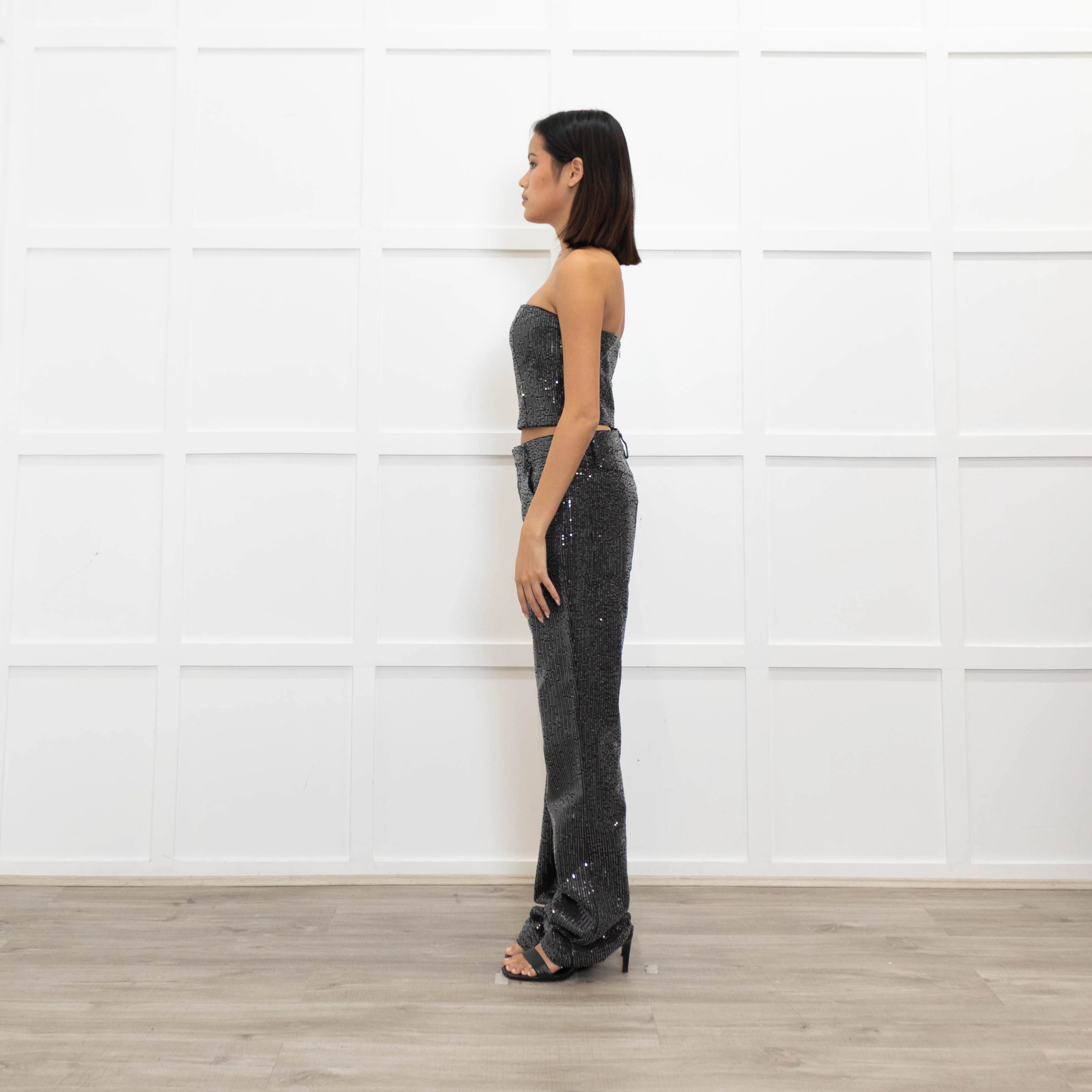 Rotate Birger Christensen Dark Grey Sequin Crop Bandeau Top - Image 6