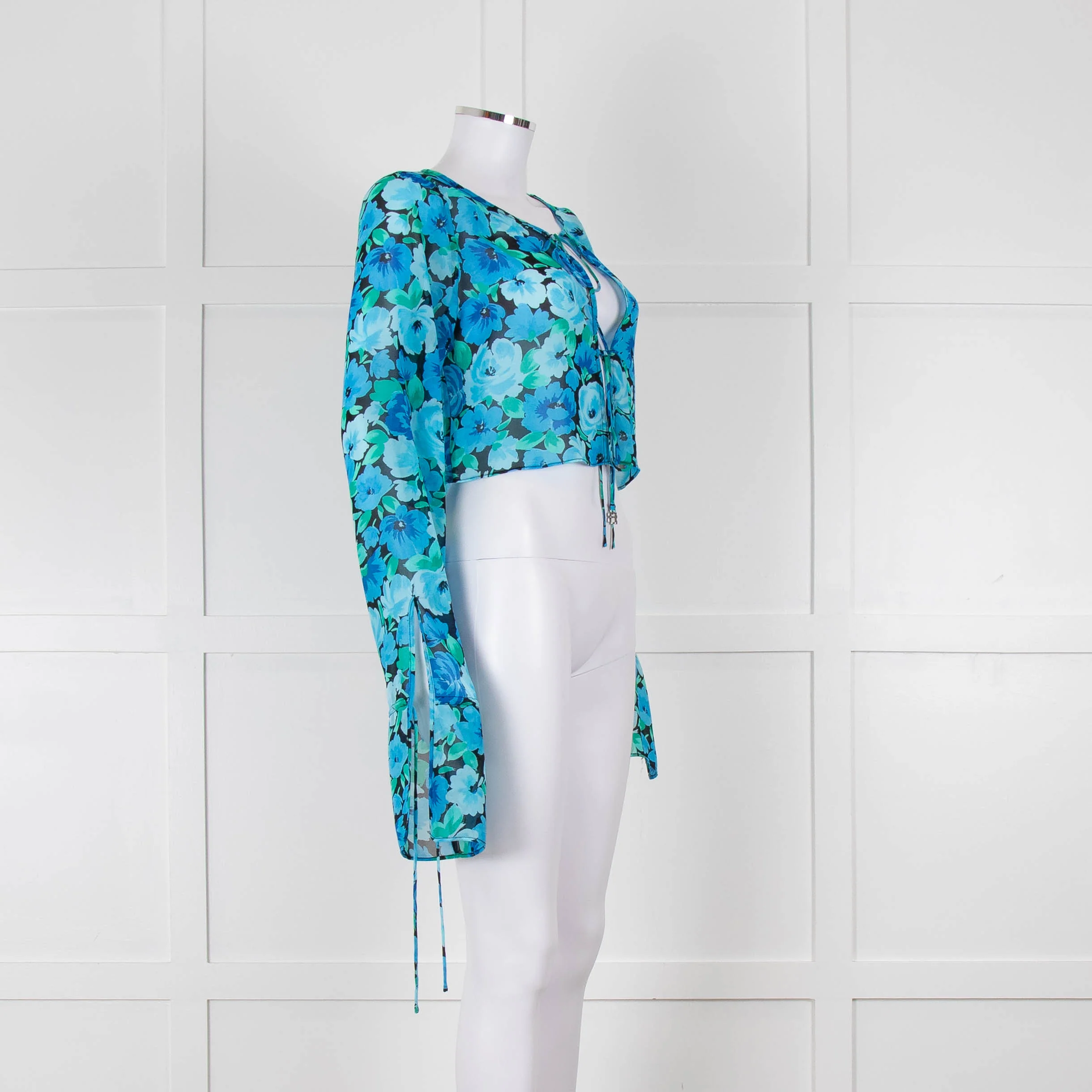 Rotate Blue and Black Sheer Floral Tie Front Crop Blouse - Image 2