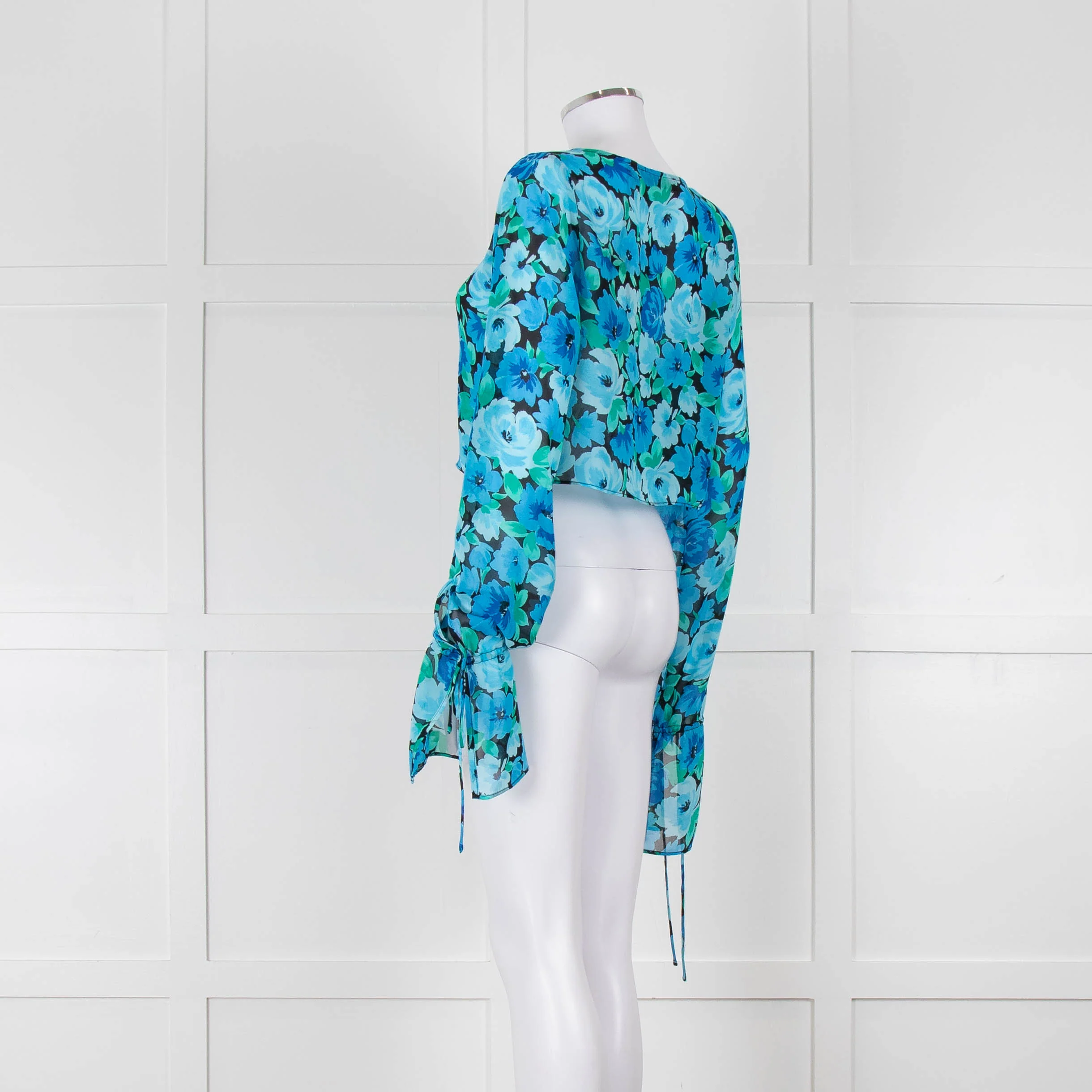 Rotate Blue and Black Sheer Floral Tie Front Crop Blouse - Image 6