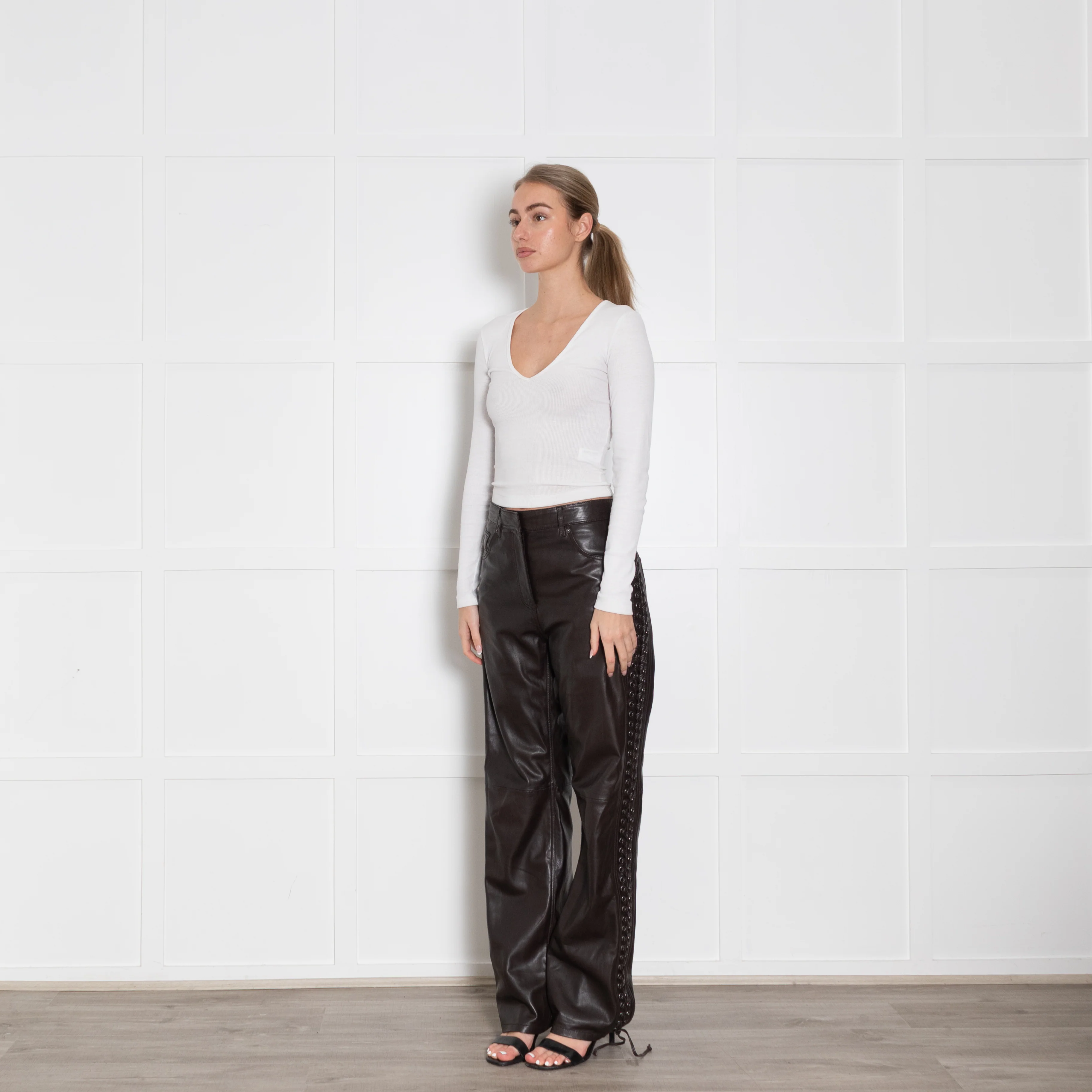 Rotate Brown Leather Eyelet Detail Trousers - Image 3