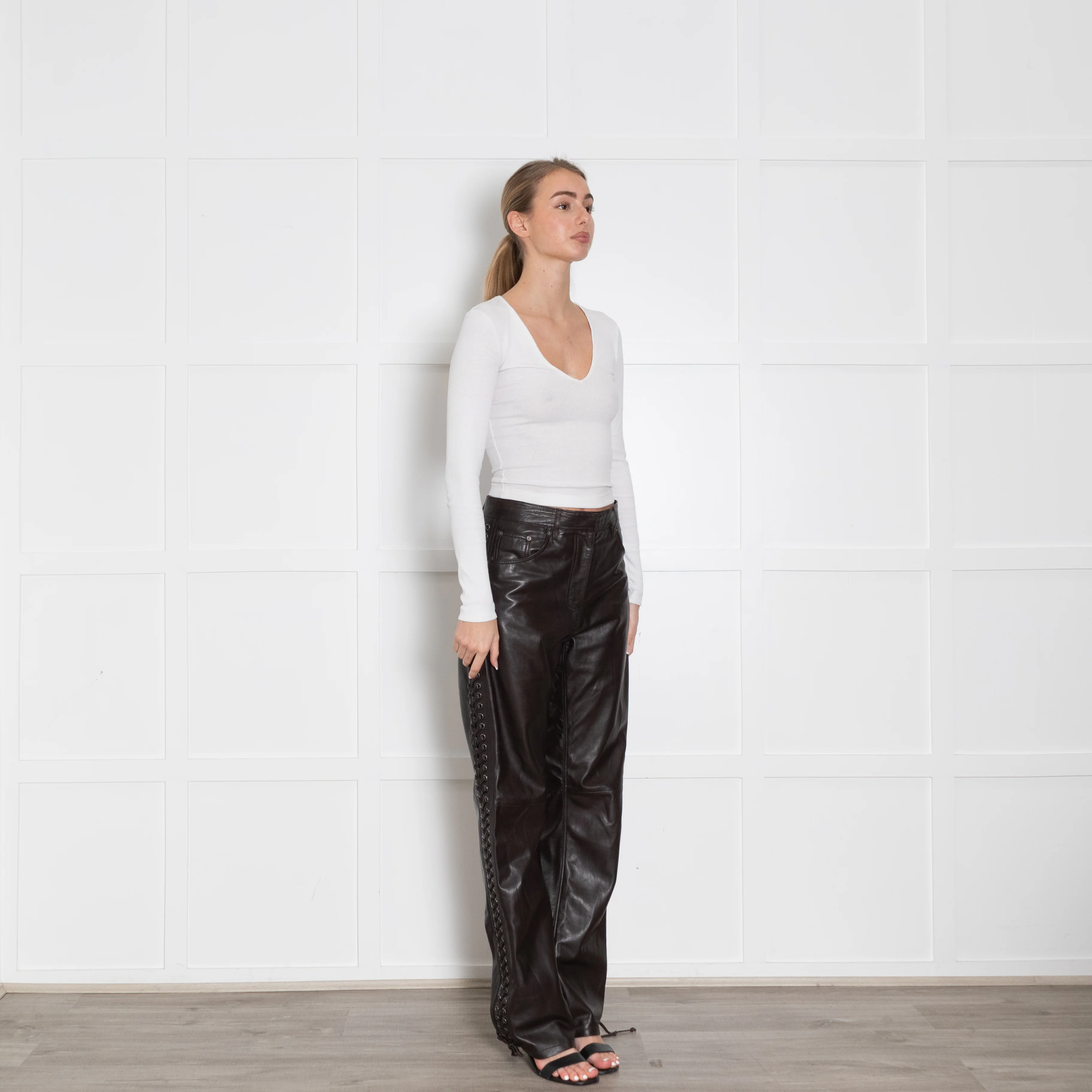 Rotate Brown Leather Eyelet Detail Trousers - Image 4