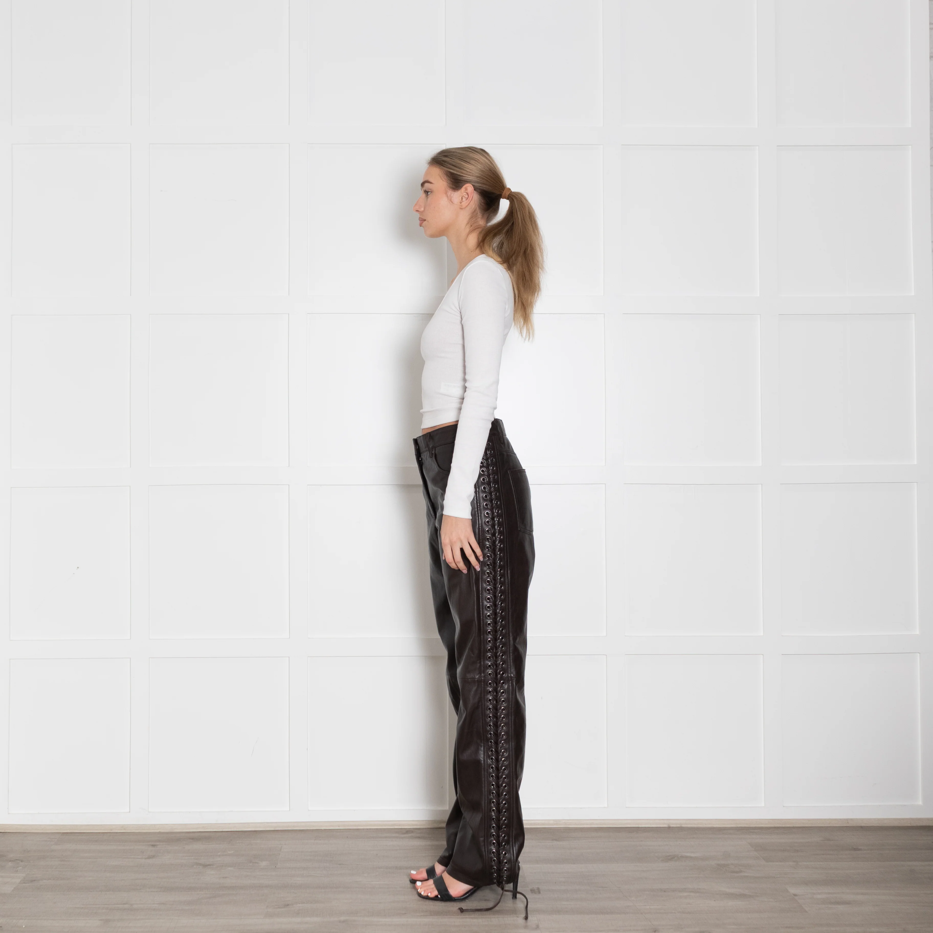 Rotate Brown Leather Eyelet Detail Trousers - Image 5