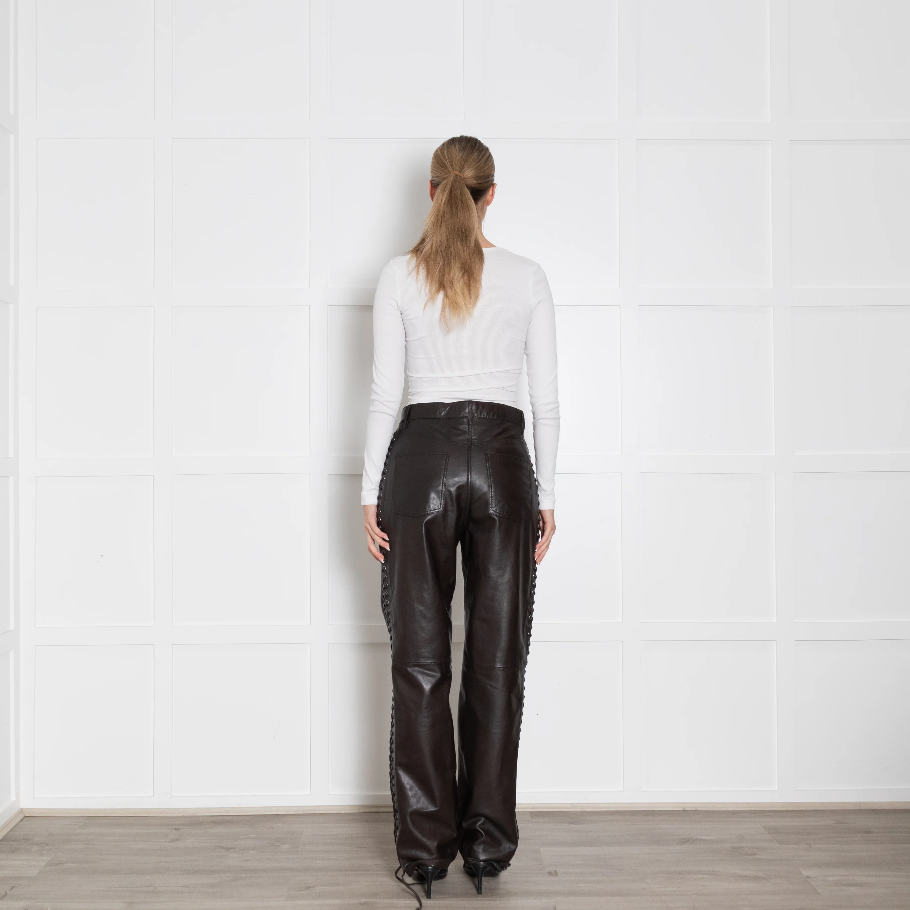 Rotate Brown Leather Eyelet Detail Trousers - Image 6