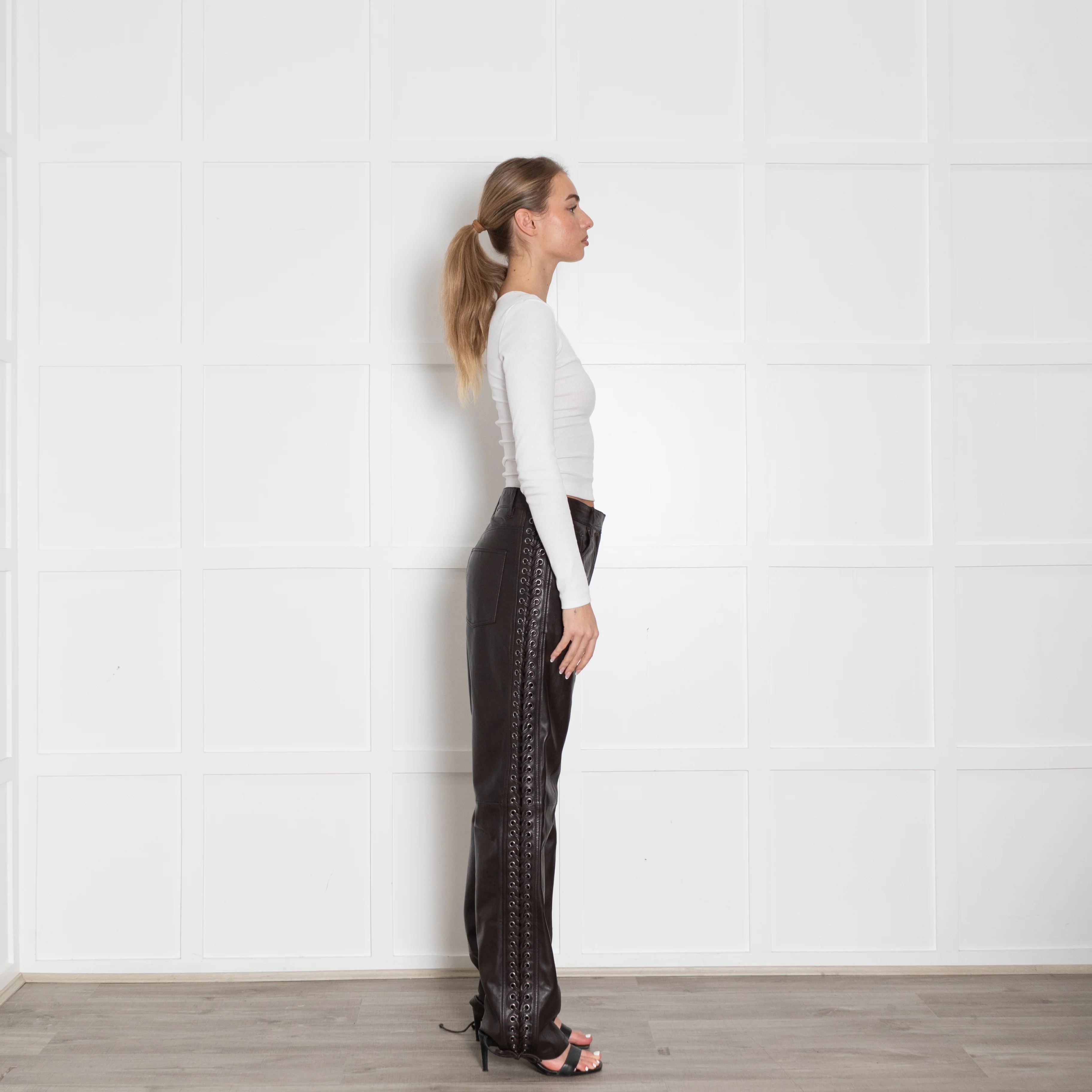 Rotate Brown Leather Eyelet Detail Trousers - Image 7