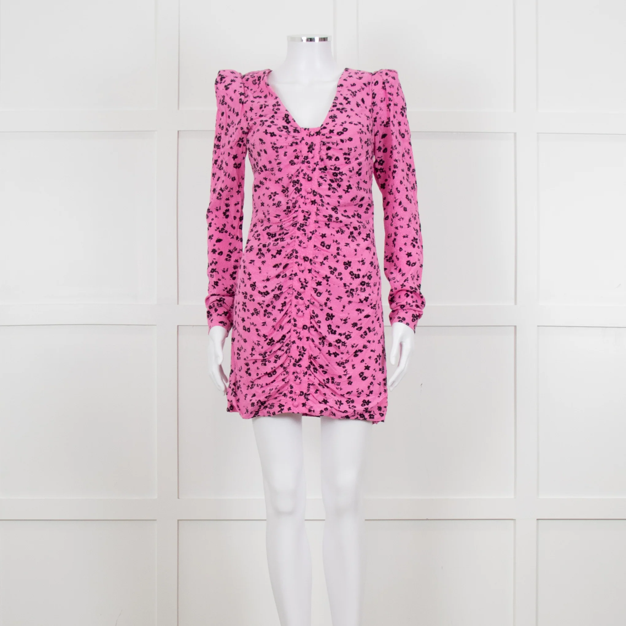 Rotate Pink and Black Floral Longsleeve Ruched Mini Dress