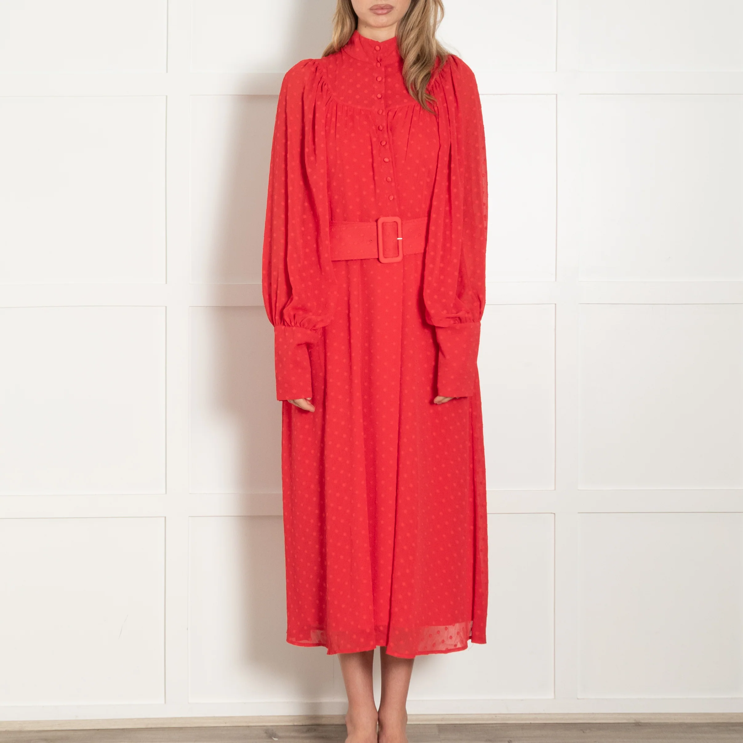 Rotate Red Dot Chiffon Long Sleeve Belted Midi Dress - Image 2