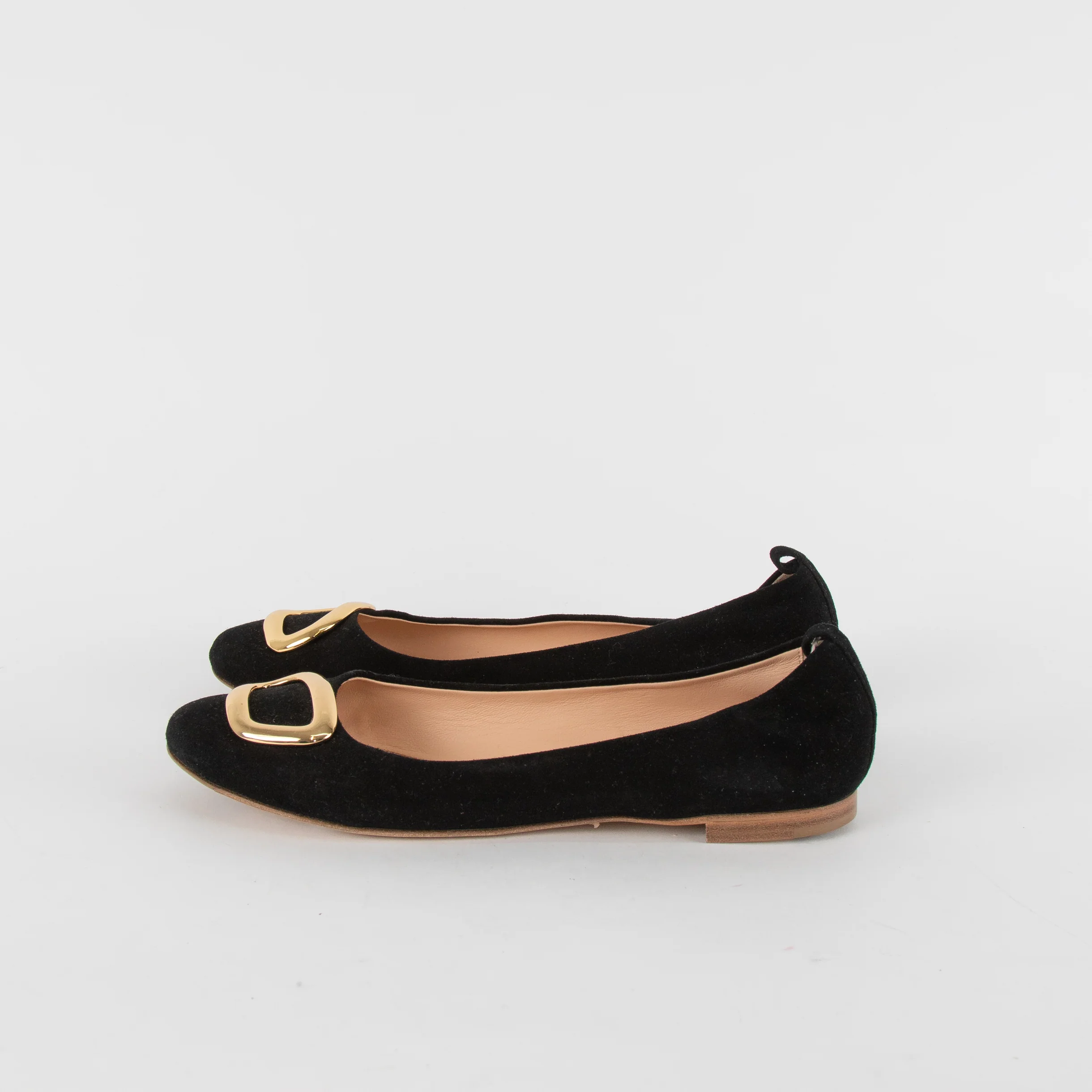Rupert Sanderson Black Suede Ballet Flats with Gold Buckle - Image 3