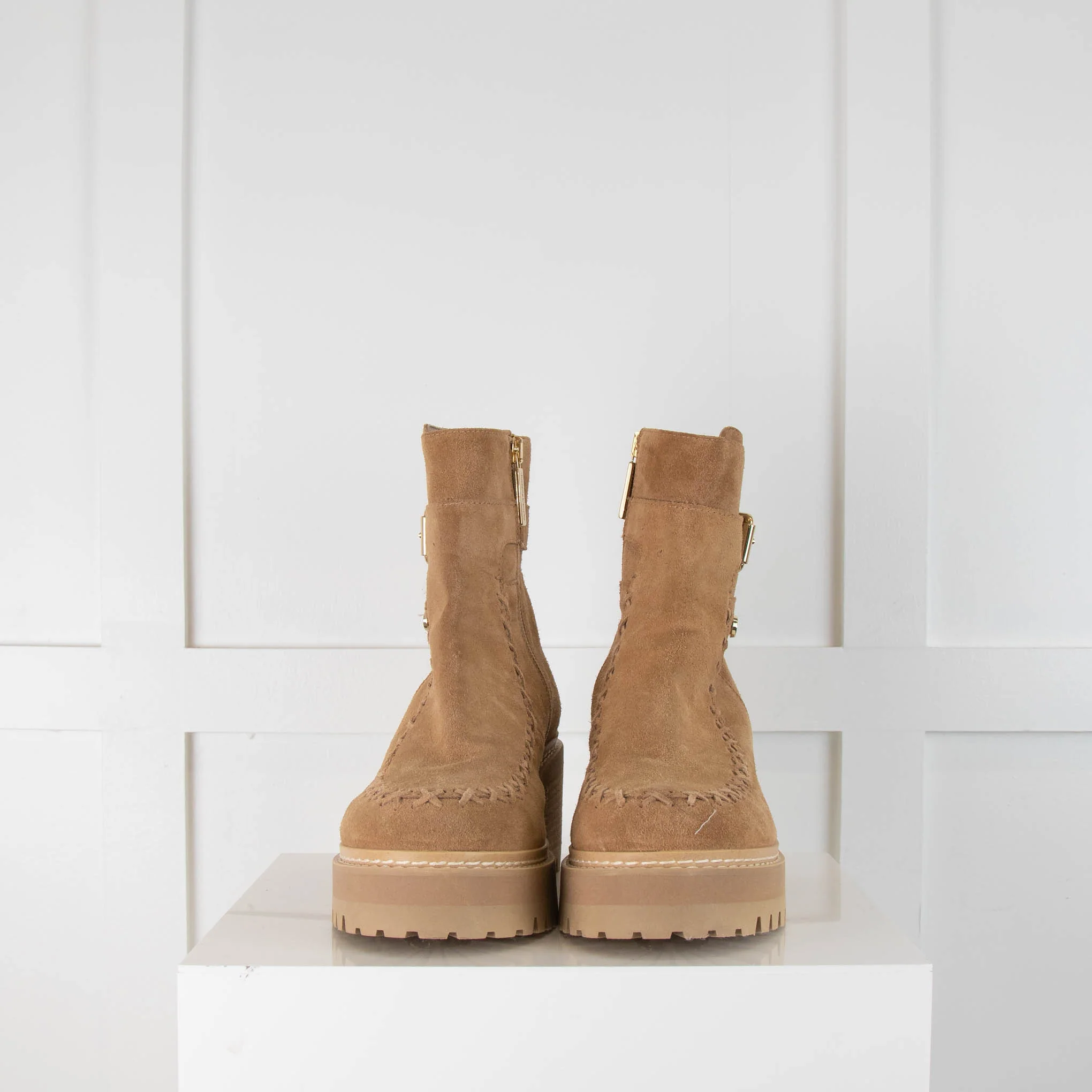 Russell & Bromley Beige Suede Chunky Heel Boots - Image 2