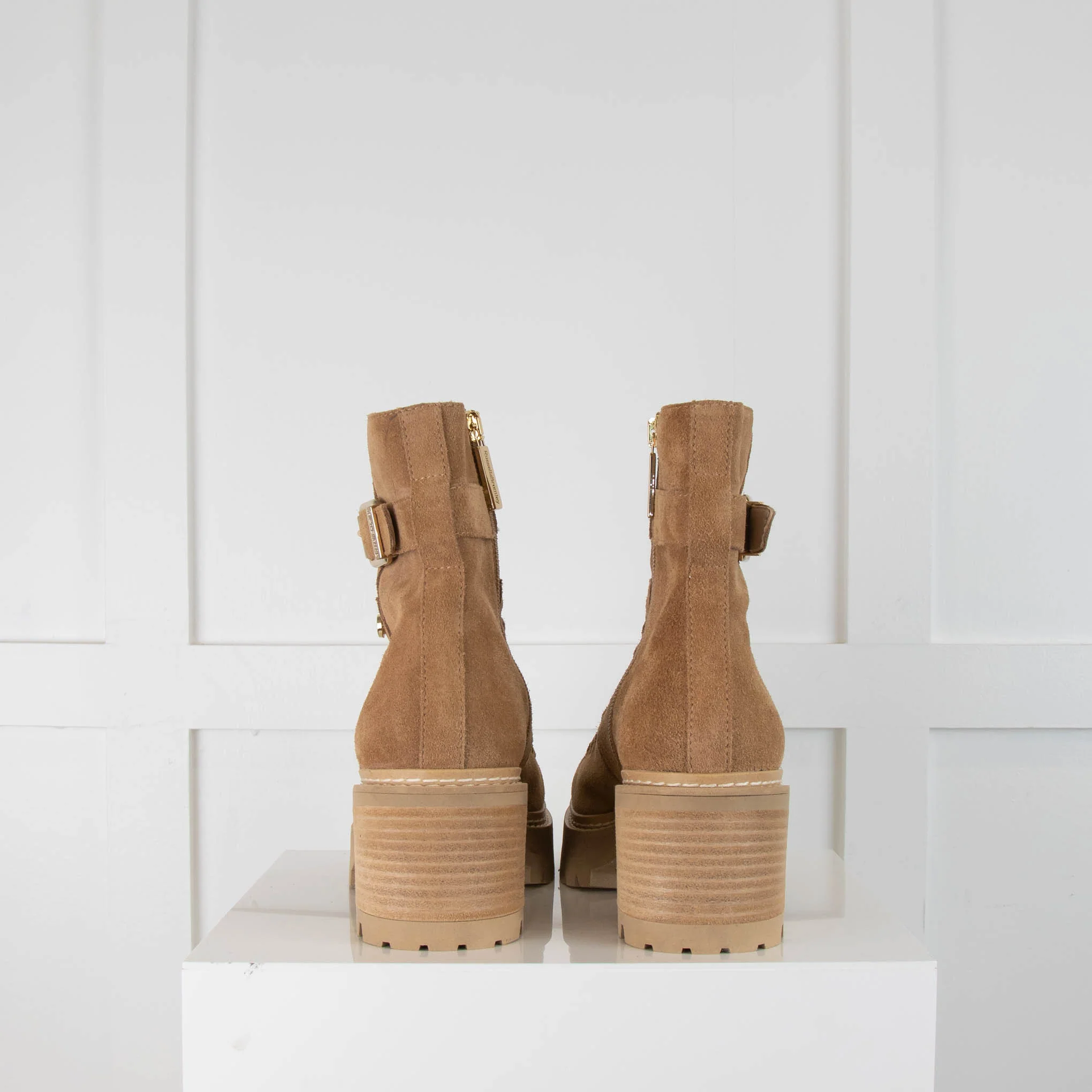 Russell & Bromley Beige Suede Chunky Heel Boots - Image 4