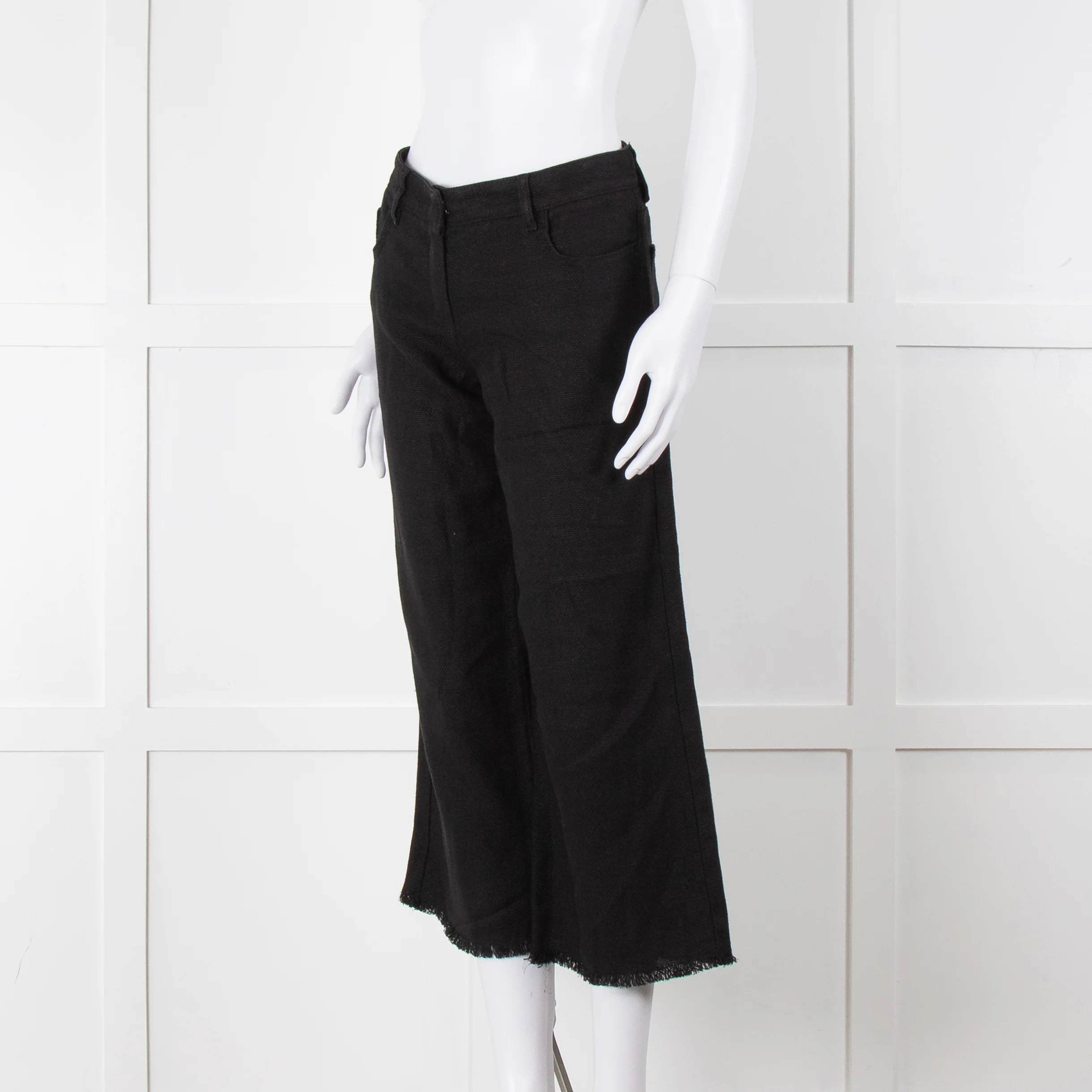 S Max Mara Black Linen Cotton Blend Frayed Hem Trousers - Image 10