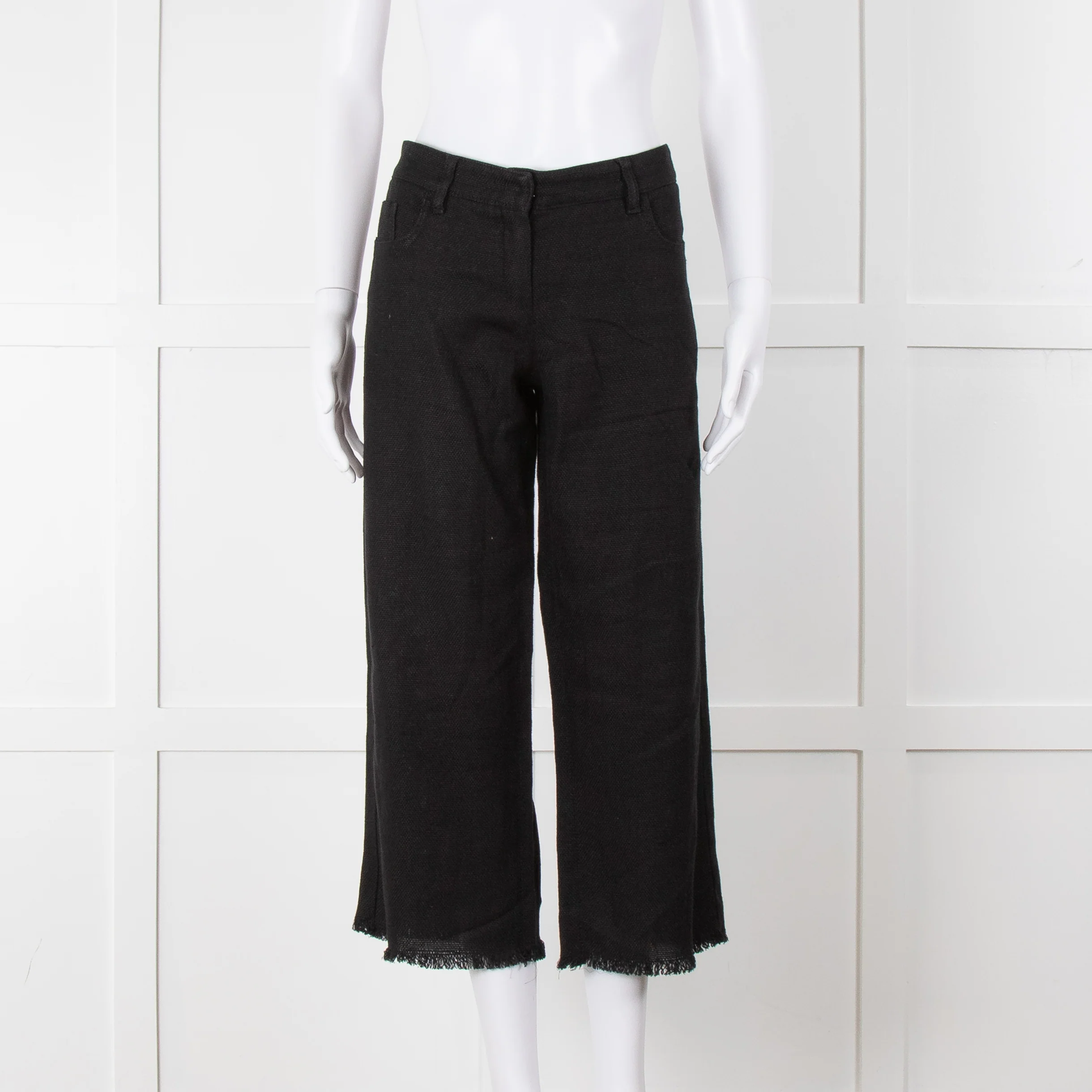 S Max Mara Black Linen Cotton Blend Frayed Hem Trousers - Image 3