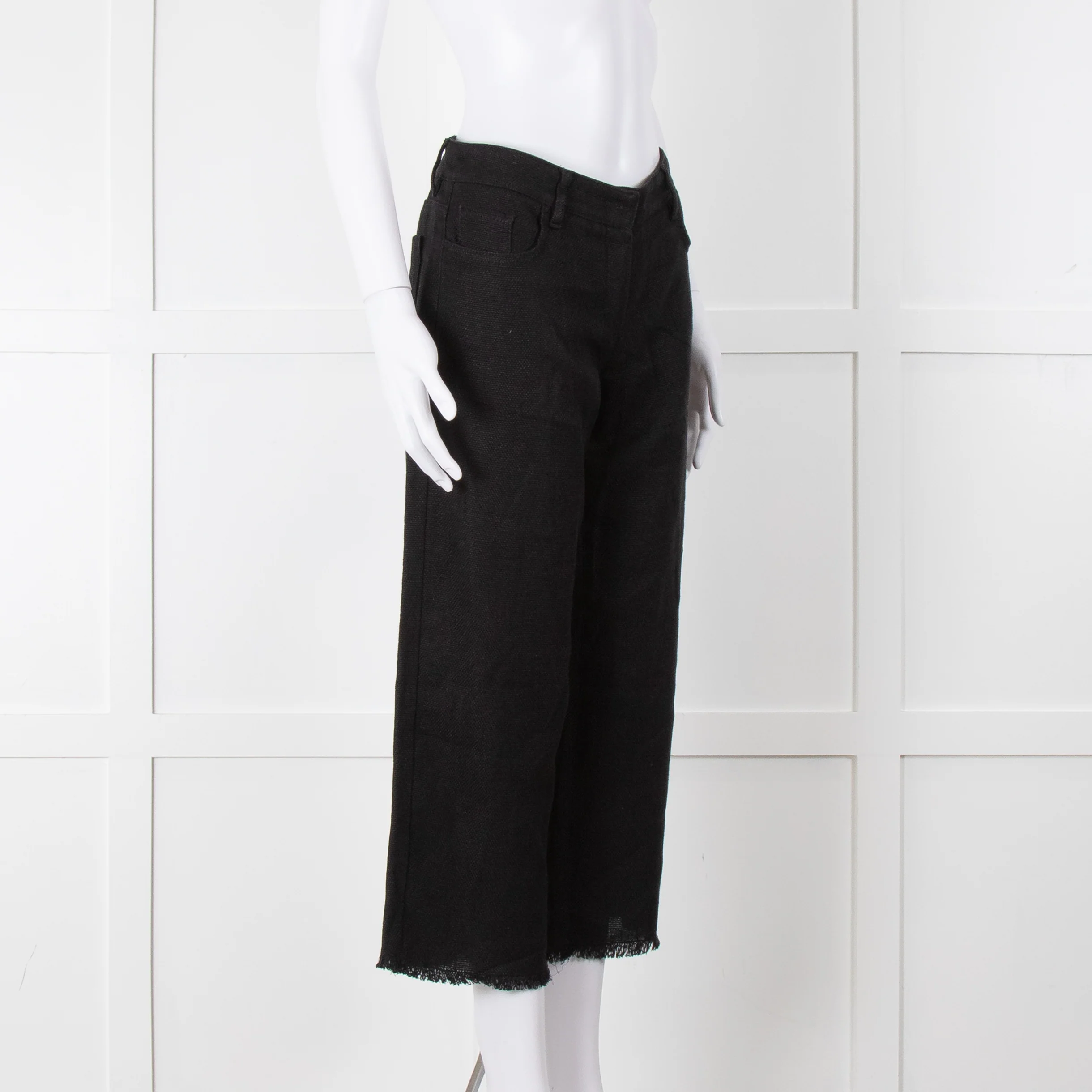 S Max Mara Black Linen Cotton Blend Frayed Hem Trousers - Image 4