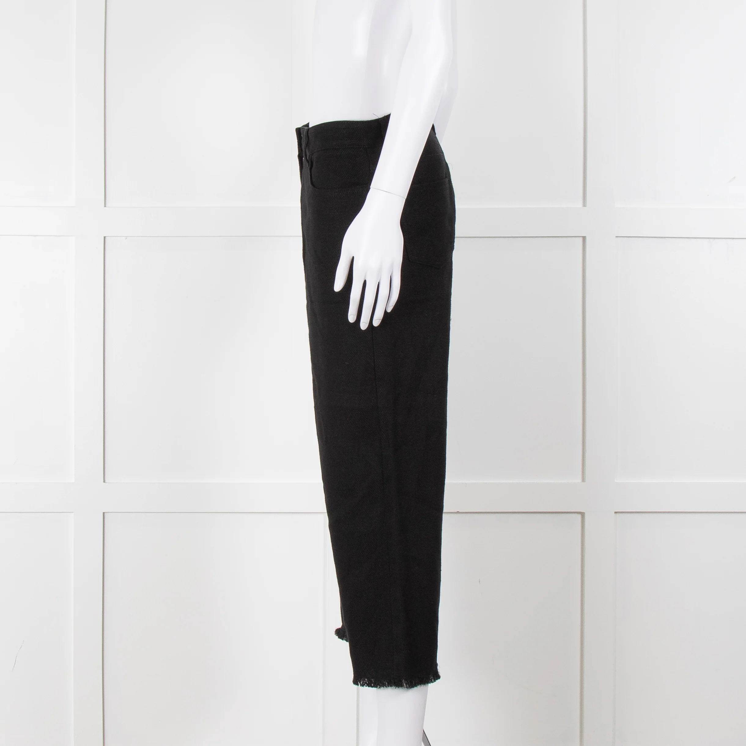 S Max Mara Black Linen Cotton Blend Frayed Hem Trousers - Image 9