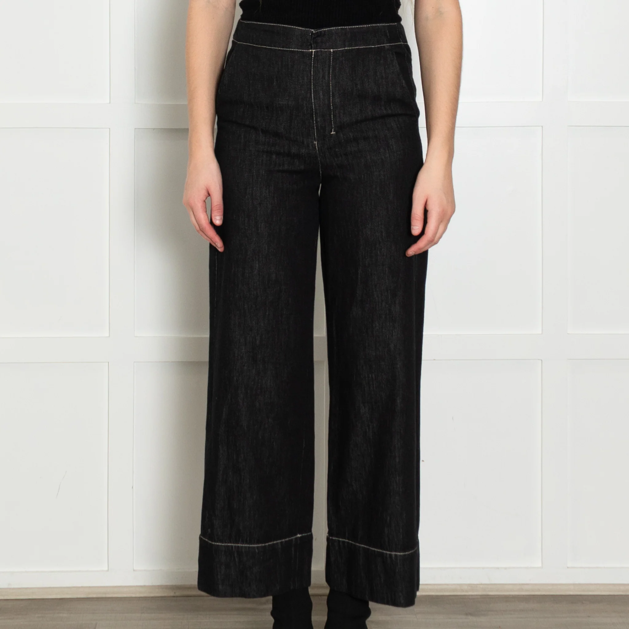 S Max Mara Black White Stitch Wide Denim Trousers - Image 2