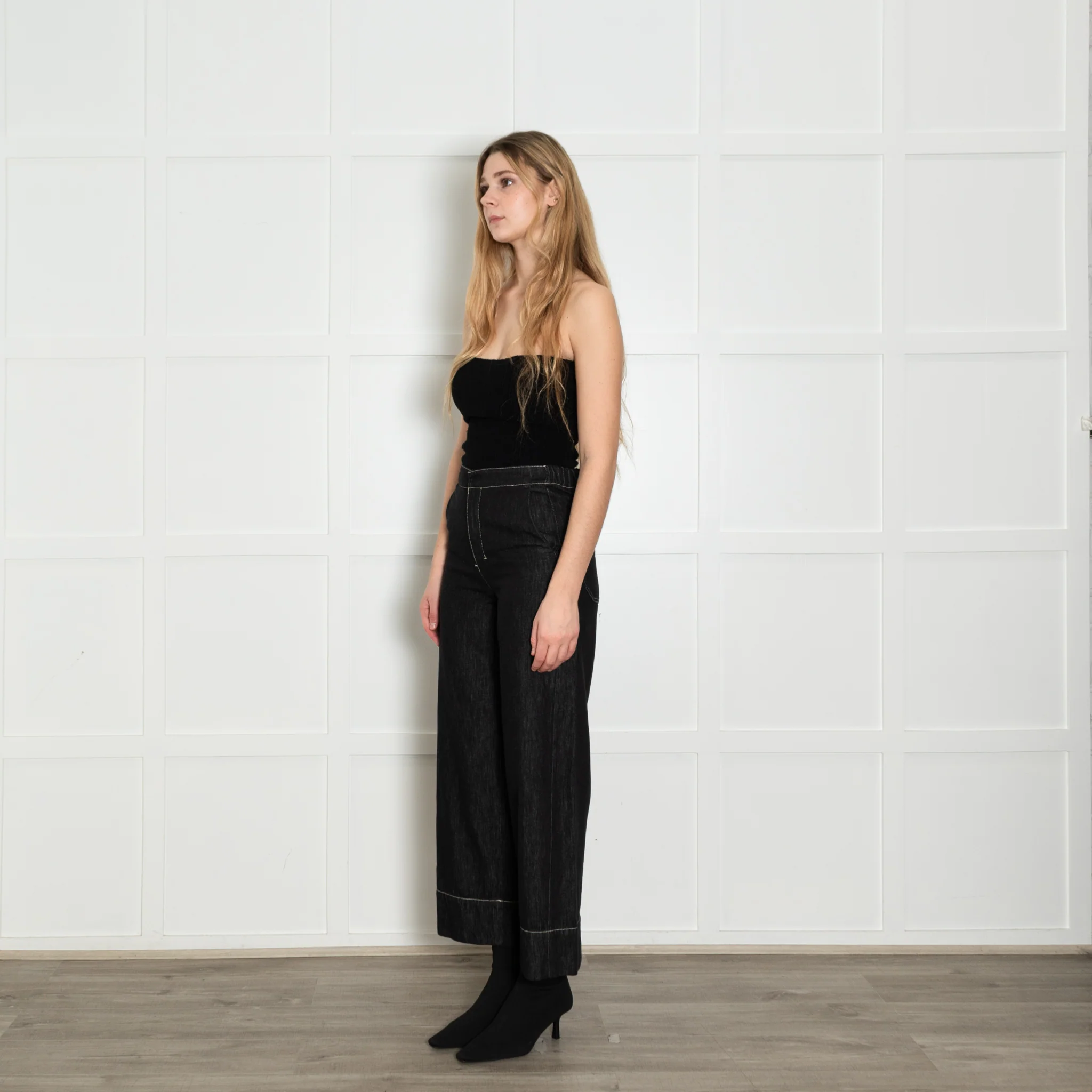 S Max Mara Black White Stitch Wide Denim Trousers - Image 3