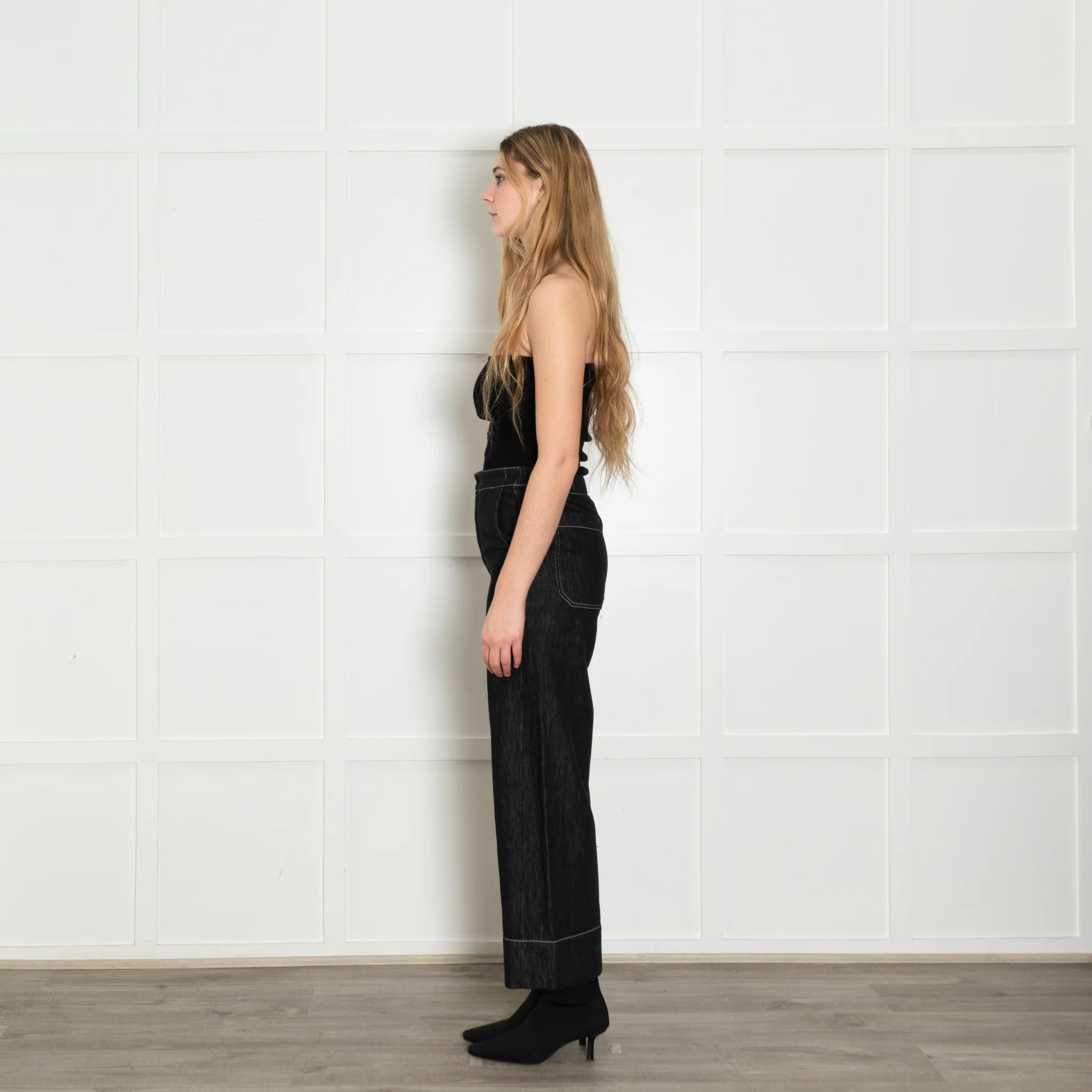 S Max Mara Black White Stitch Wide Denim Trousers - Image 4