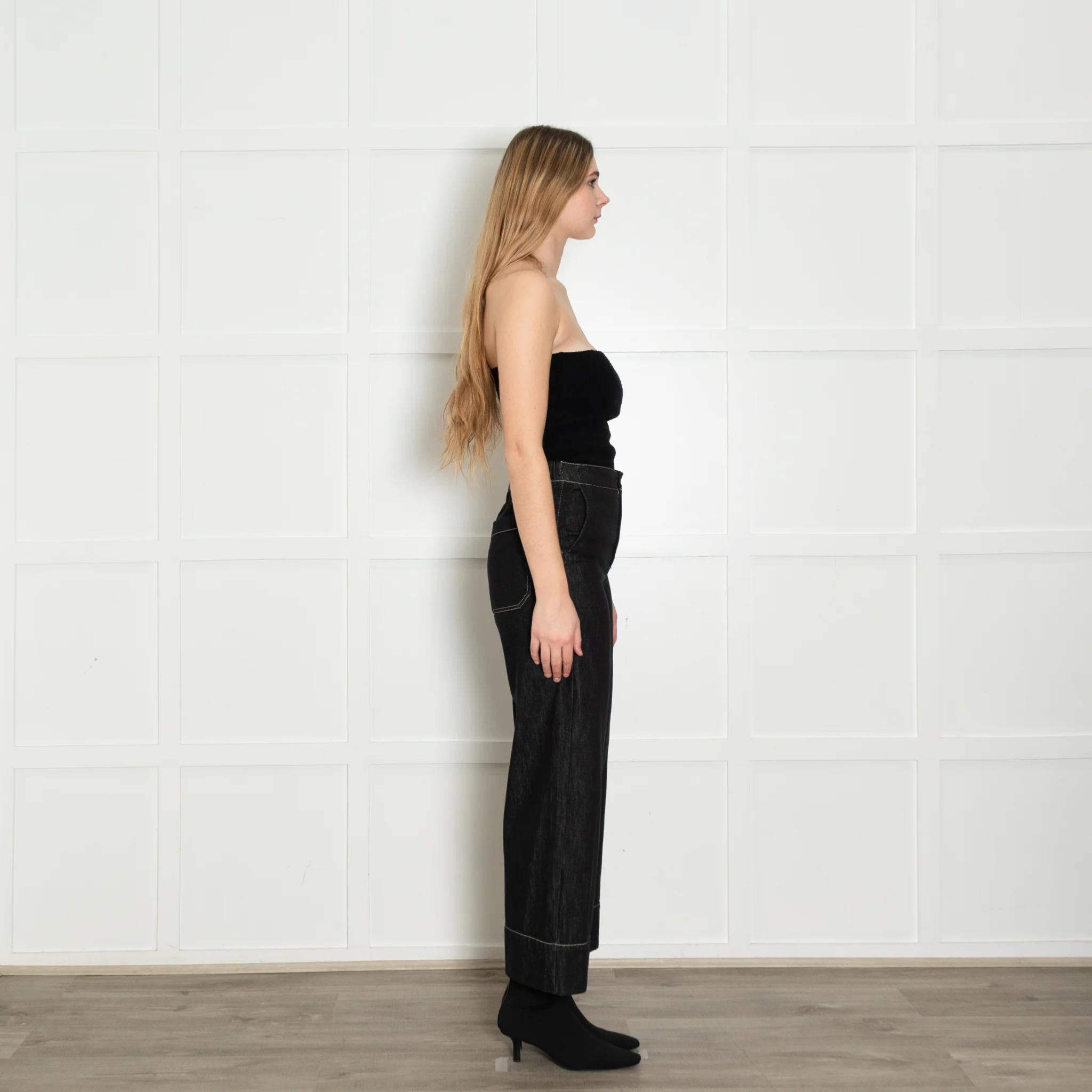 S Max Mara Black White Stitch Wide Denim Trousers - Image 6