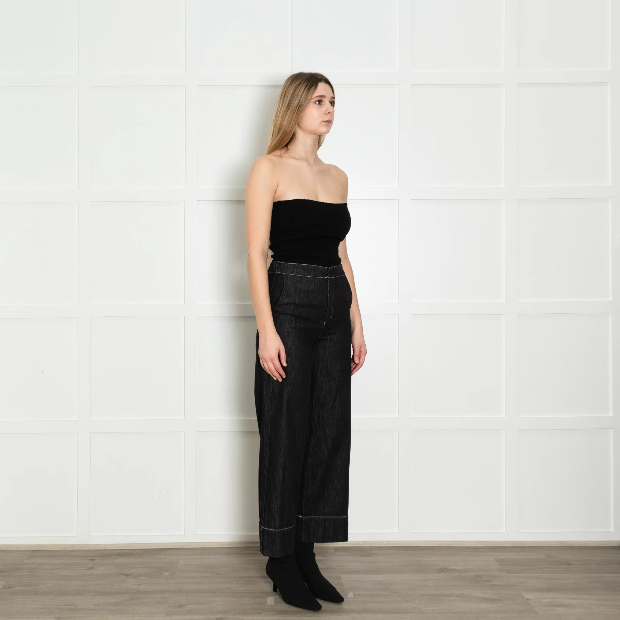S Max Mara Black White Stitch Wide Denim Trousers - Image 7