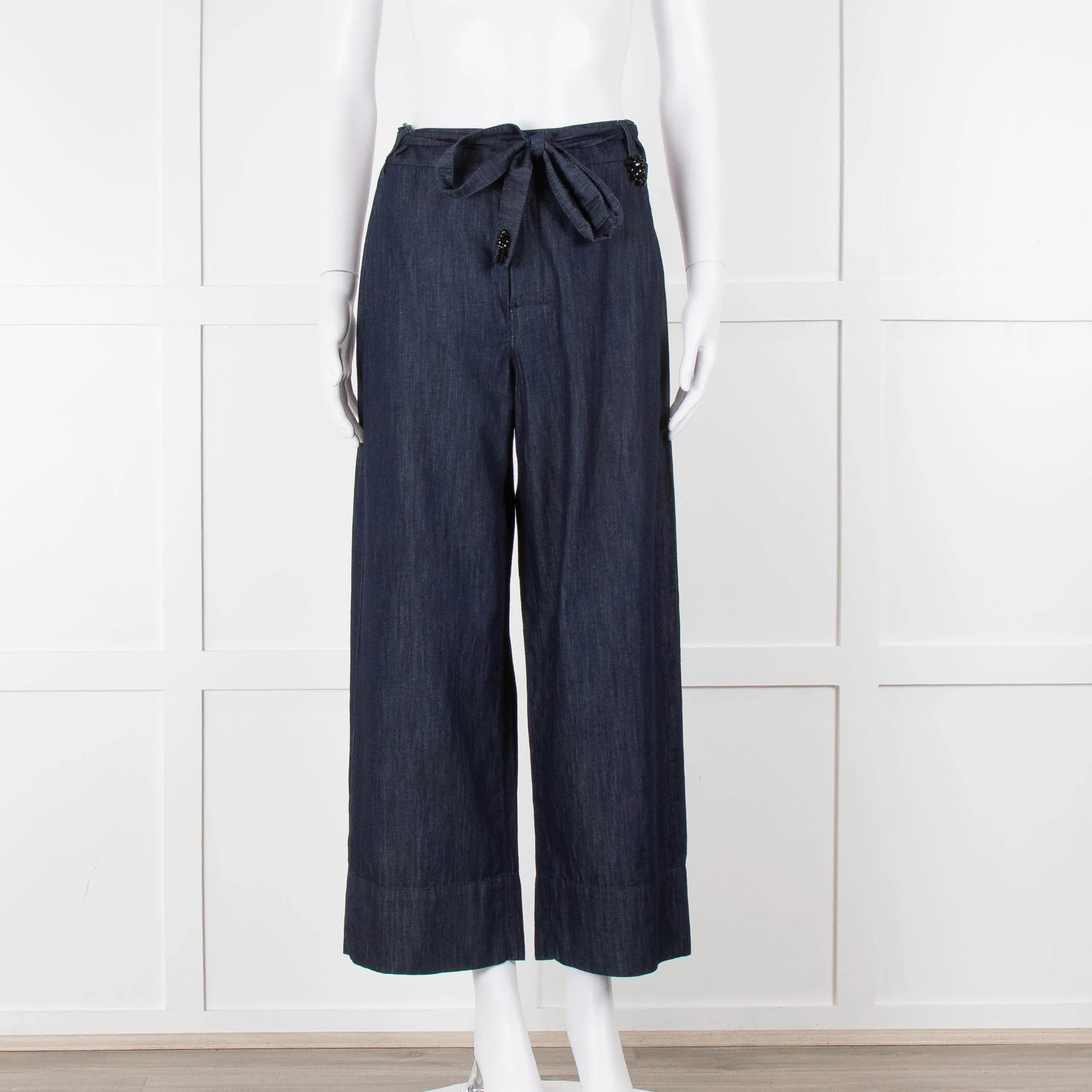 S Max Mara Blue Cotton Embellished Detail Cotton Wide Leg Trousers
