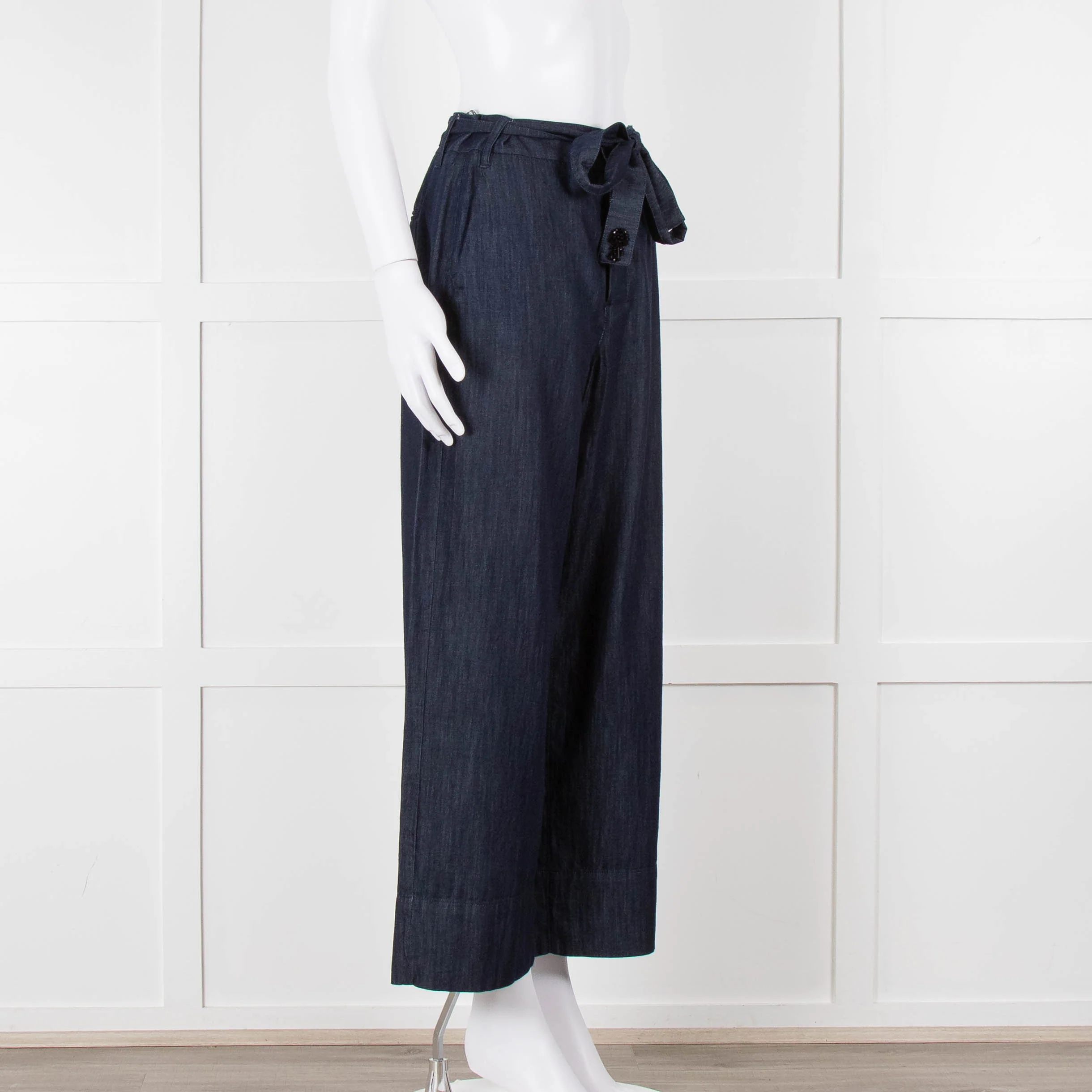 S Max Mara Blue Cotton Embellished Detail Cotton Wide Leg Trousers - Image 2